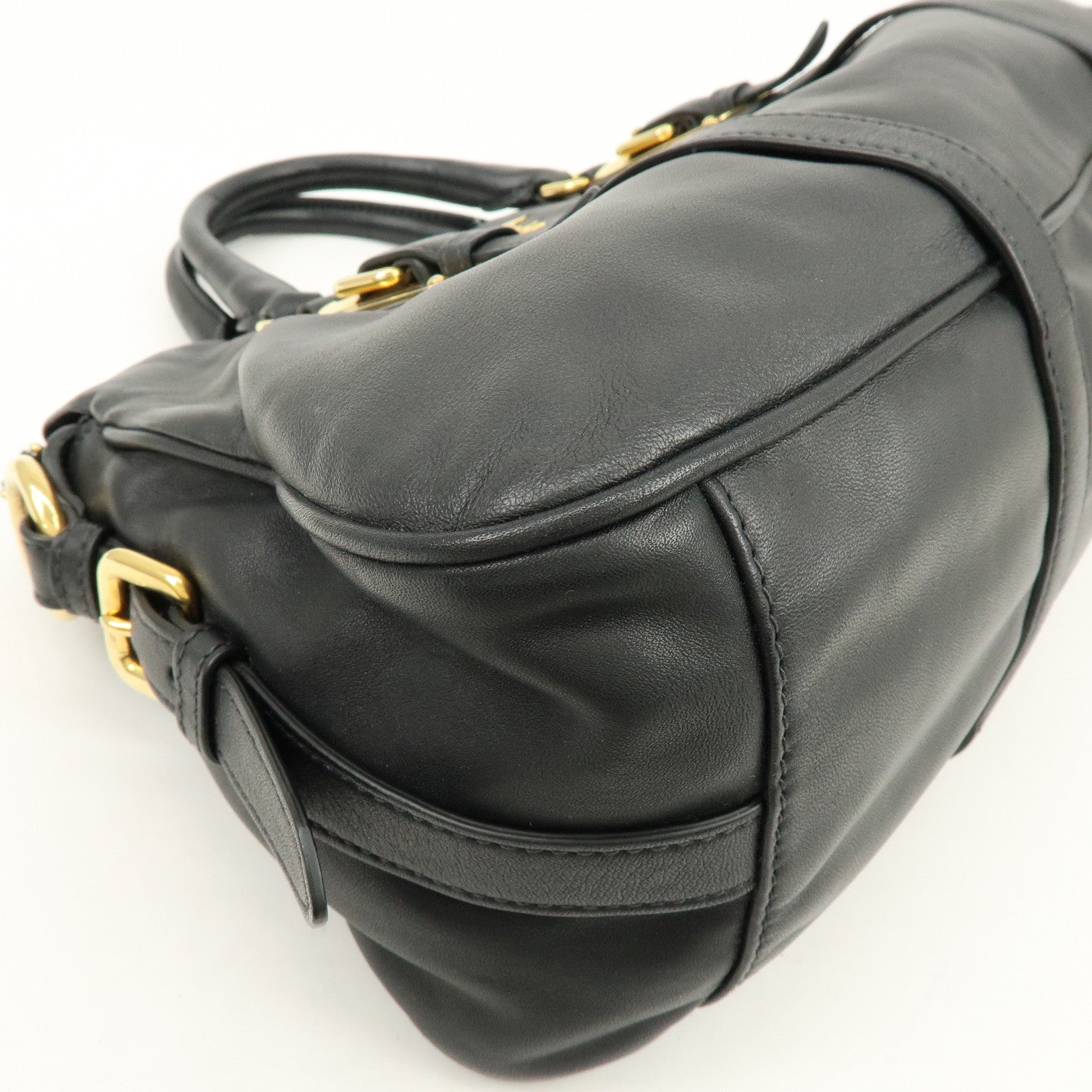 PRADA Logo Leather 2Way Bag Hand Bag Shoulder Bag Black Gold BN1903