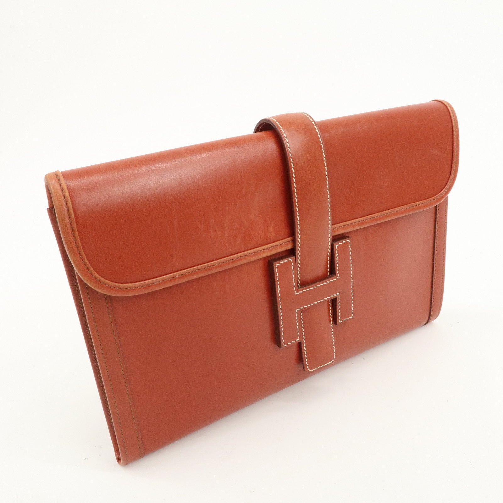 HERMES Box Calf Leather Jige PM □C Stamped Clutch Bag Brown