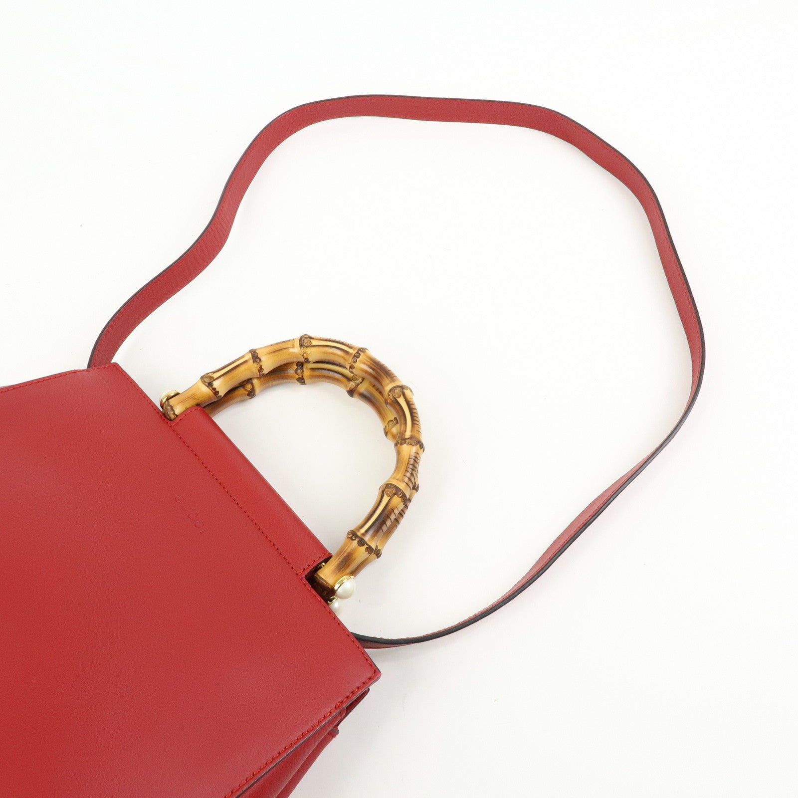 GUCCI Bamboo Nymphaea Leather 2Way Bag Hand Bag Red 453767
