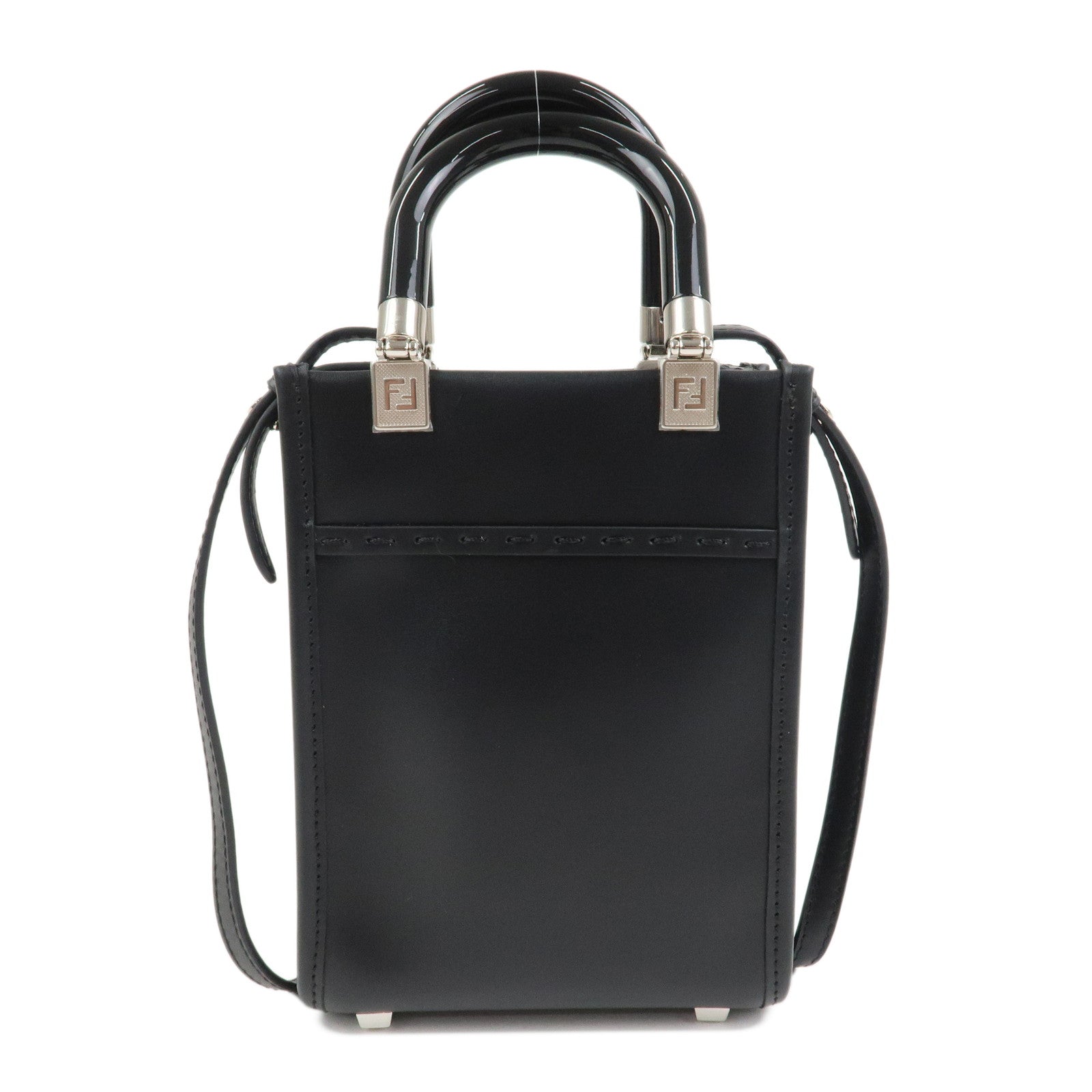 FENDI Leather Sunshine Shopper Small 2Way Bag Hand Bag Black 8BS051