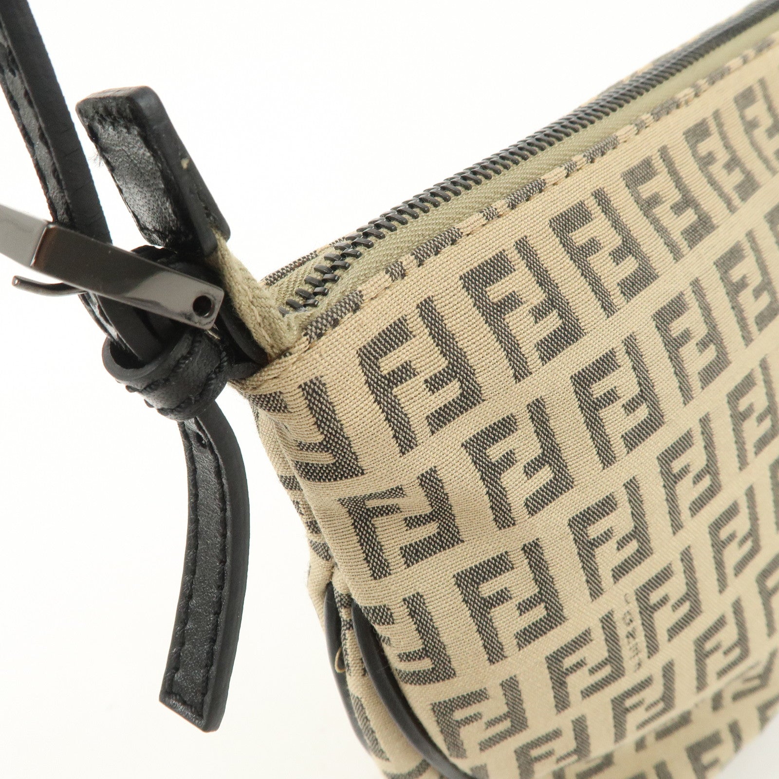 FENDI Zucchino Canvas Leather Shoulder Bag Beige Black 8BR312