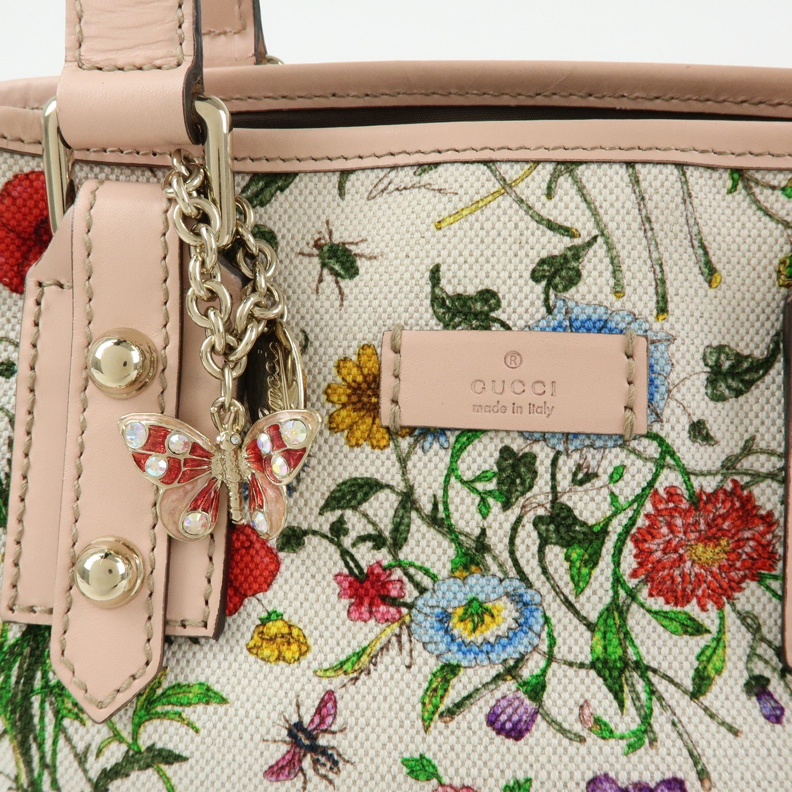 GUCCI Flora Flower Motif Canvas Leather Tote Bag White Pink 240018