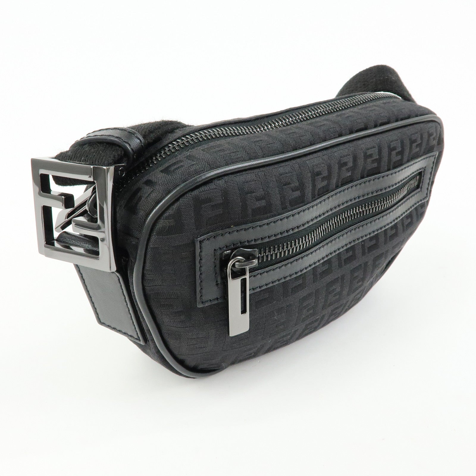 FENDI Zucchino Canvas Leather Shoulder Crossbody Bag Black 8BR324