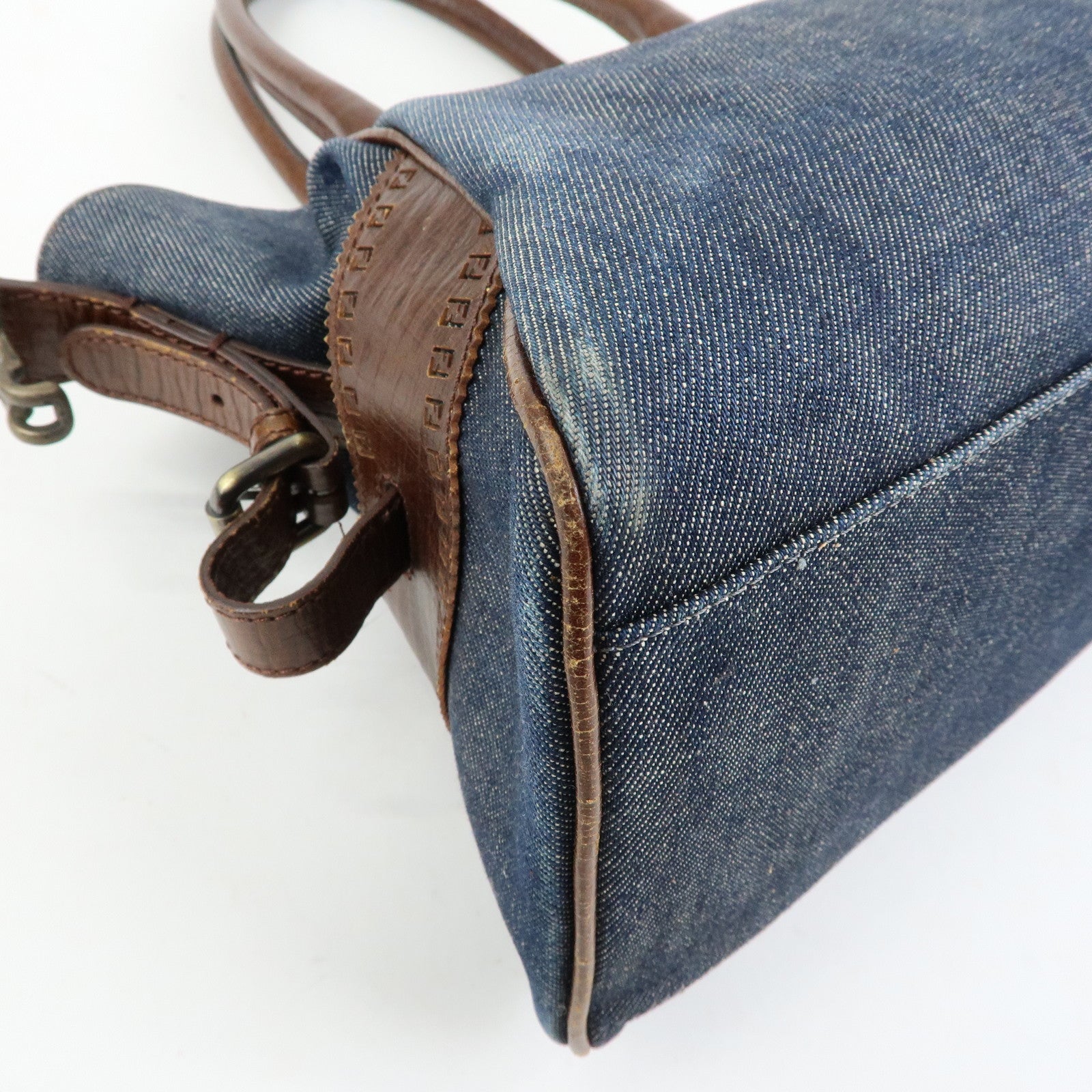 FENDI Etnico Denim Leather Shoulder Bag Indigo Blue Brown 8BN157