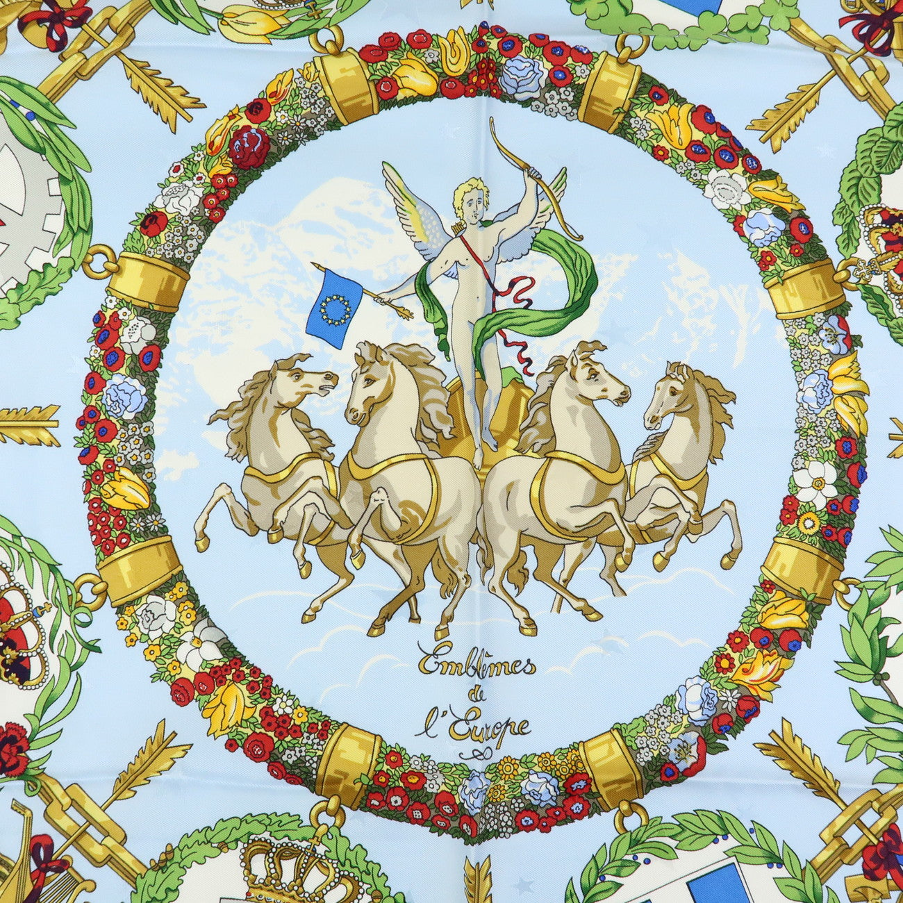 HERMES Carre 90 Silk 100% Scarf Emblemes de L’Europe Light Blue
