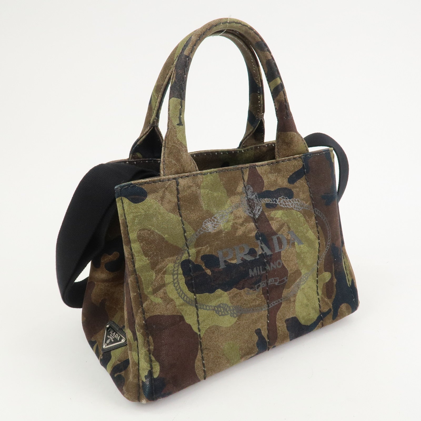 PRADA Logo Canapa Mini Canvas 2Way Bag Hand Bag Brown Green 1BG439