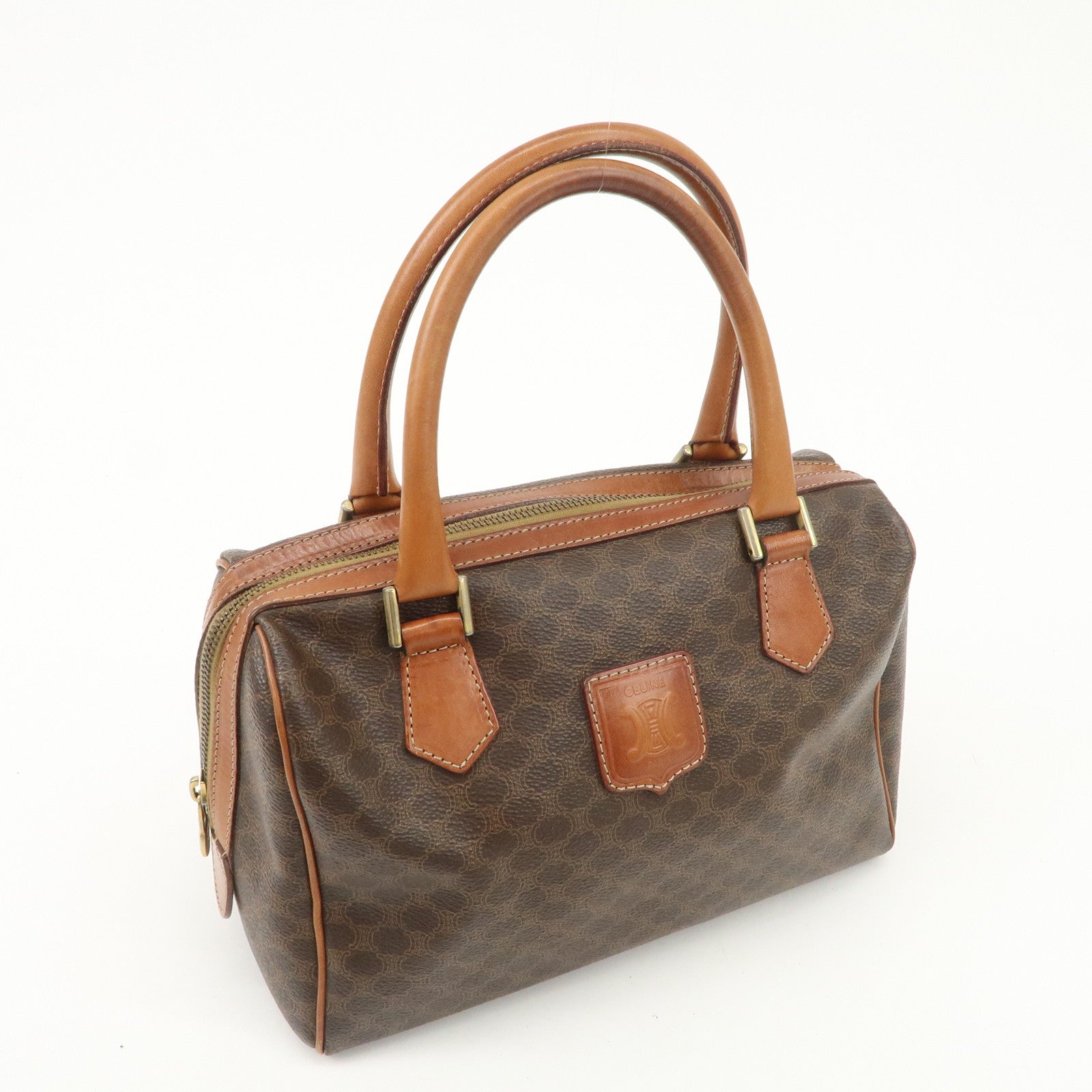CELINE Macadam Leather PVC Boston Bag Hand Bag Brown Used
