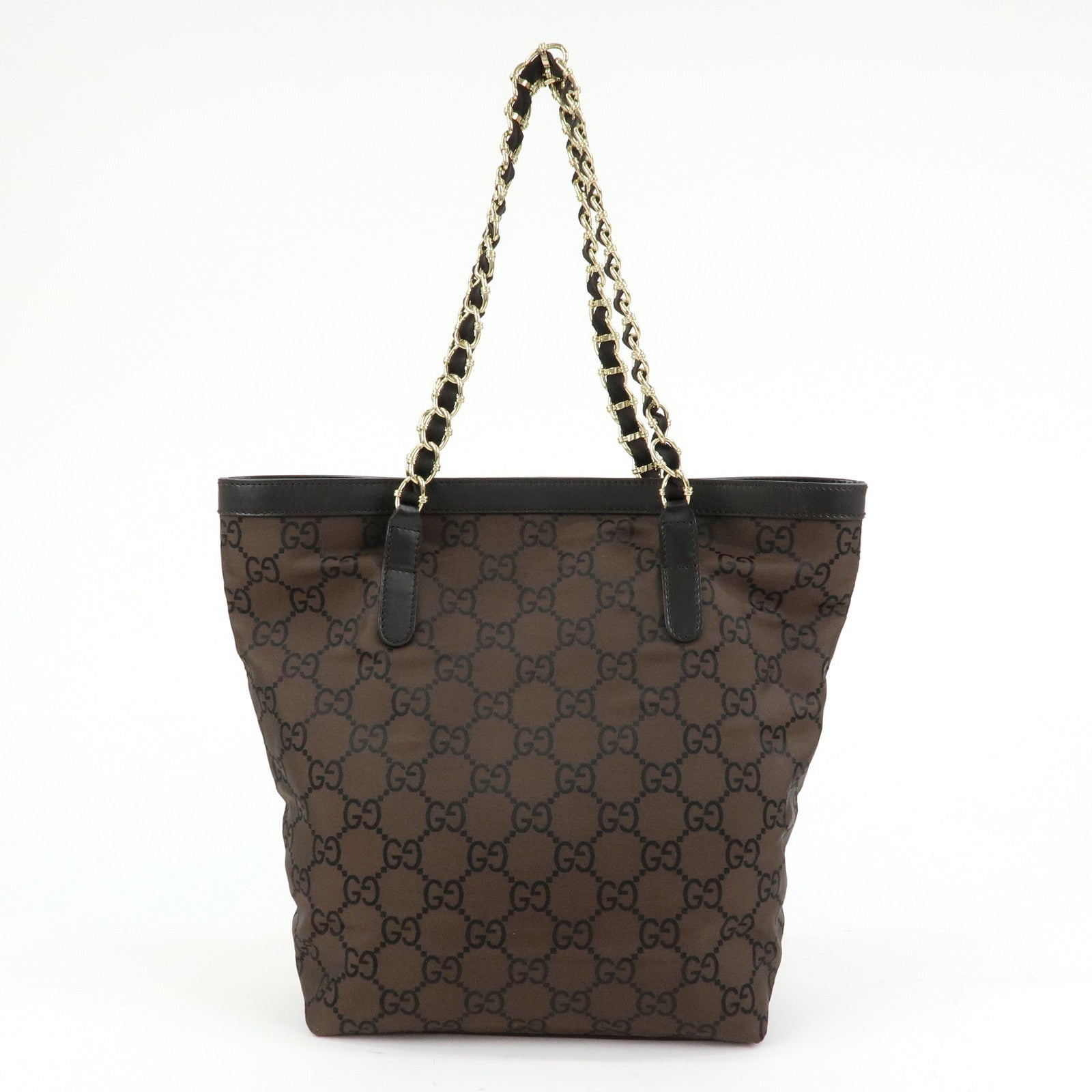 GUCCI GG Nylon Leather Chain Tote Bag Shoulder Bag Brown 196750
