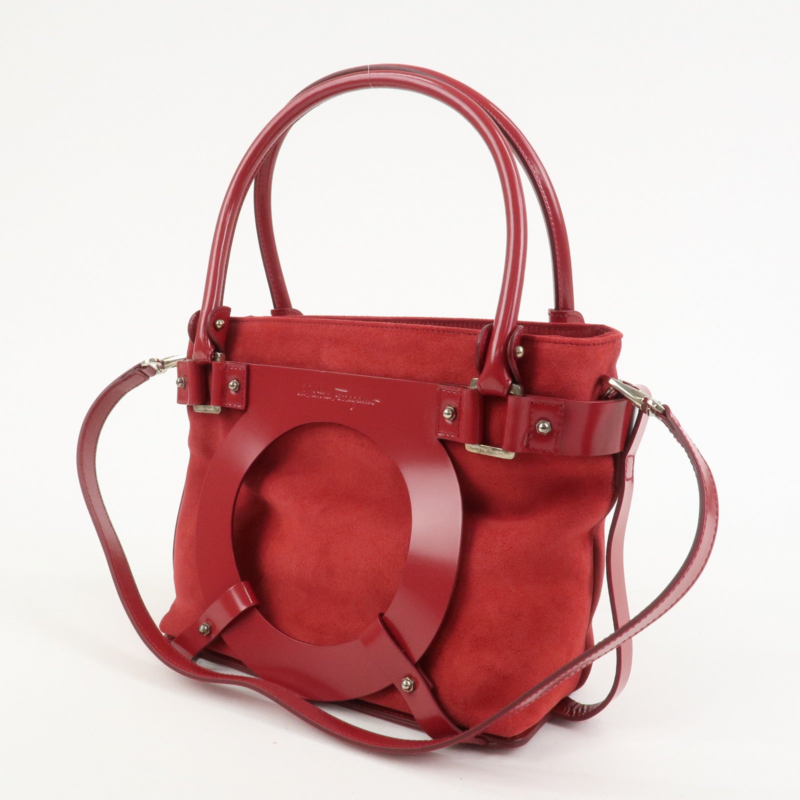 Ferragamo Gancini Suede Leather 2Way Bag Hand Bag Shoulder Bag Red