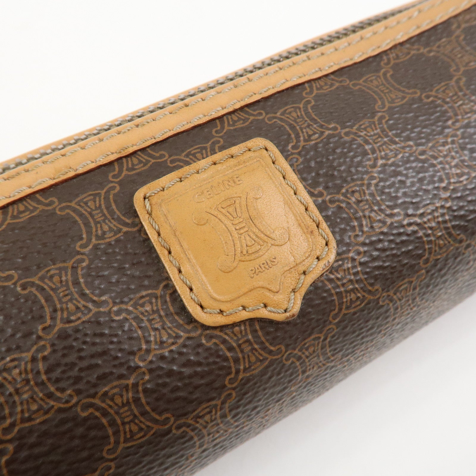 CELINE Macadam PVC Canvas Leather Cosmetic Makeup Pouch Brown