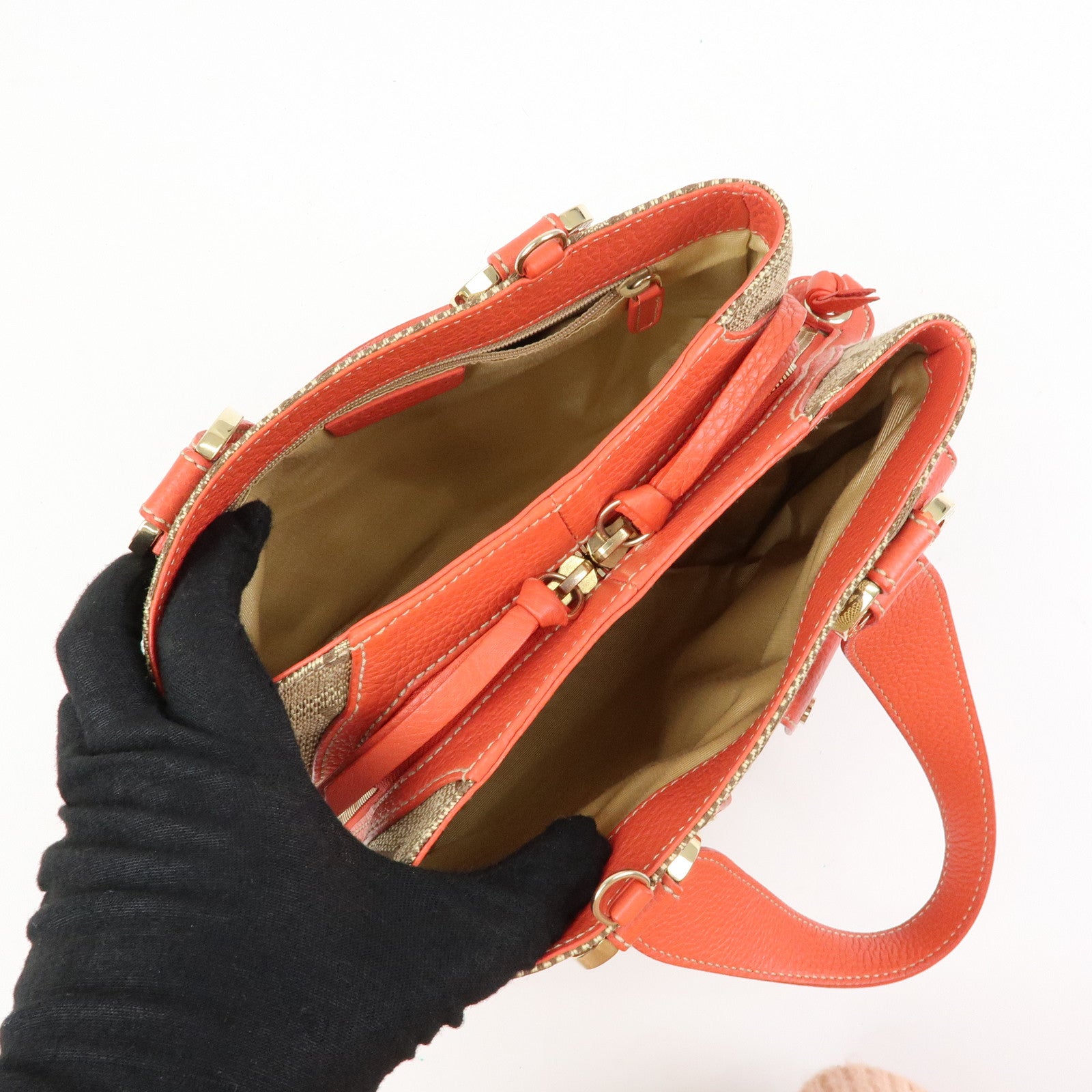 BVLGARI Logomania Canvas Leather 2Way Hand Shoulder Bag Brown Coral