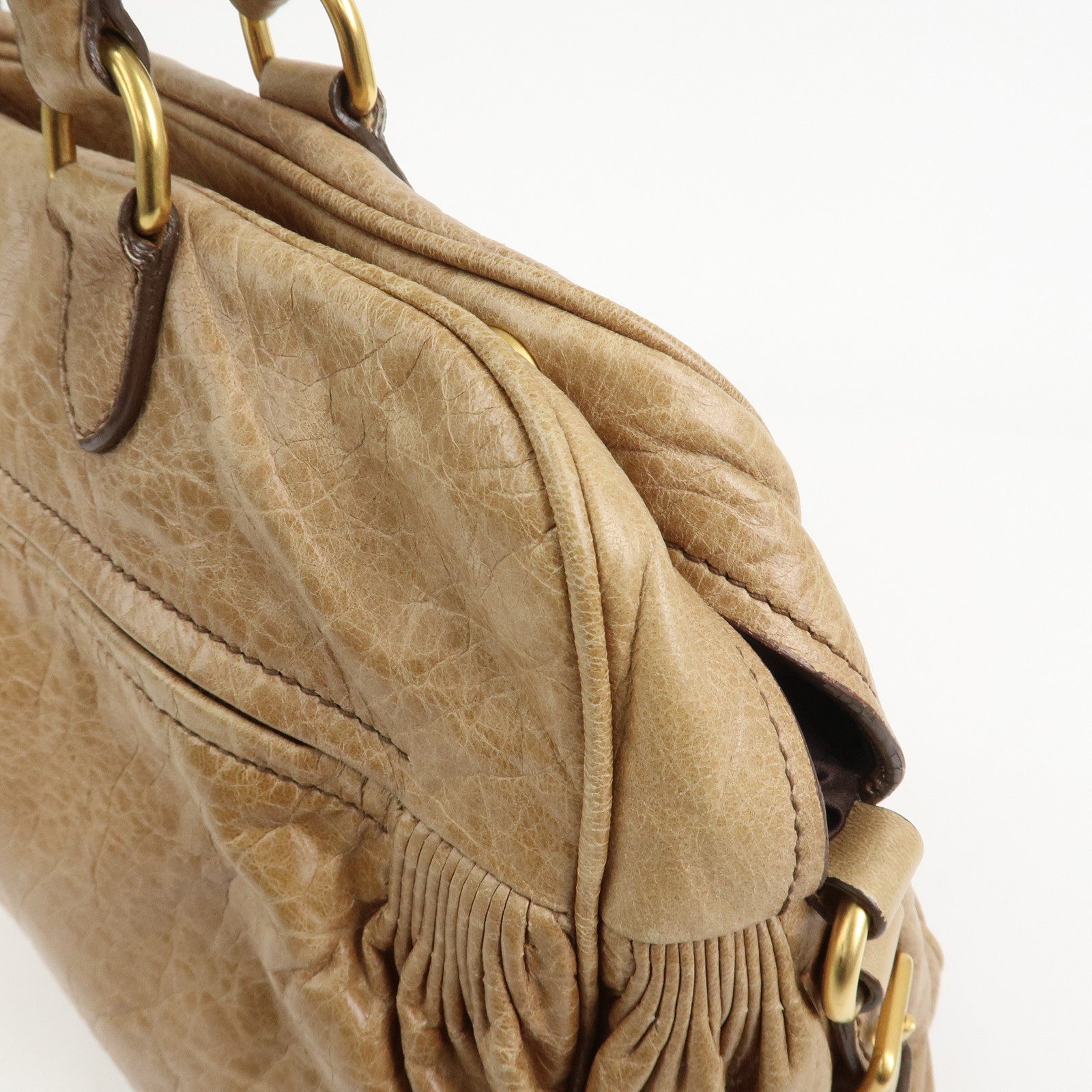 MIU MIU Logo Leather Hand Bag Boston Bag Light Brown