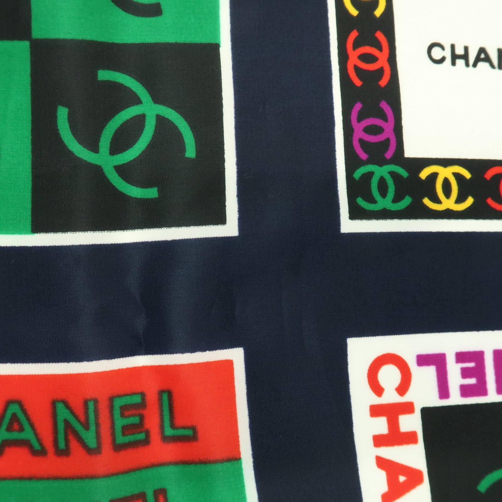 CHANEL COCO Mark Silk 100% Scarf Logo Print Black Multicolor