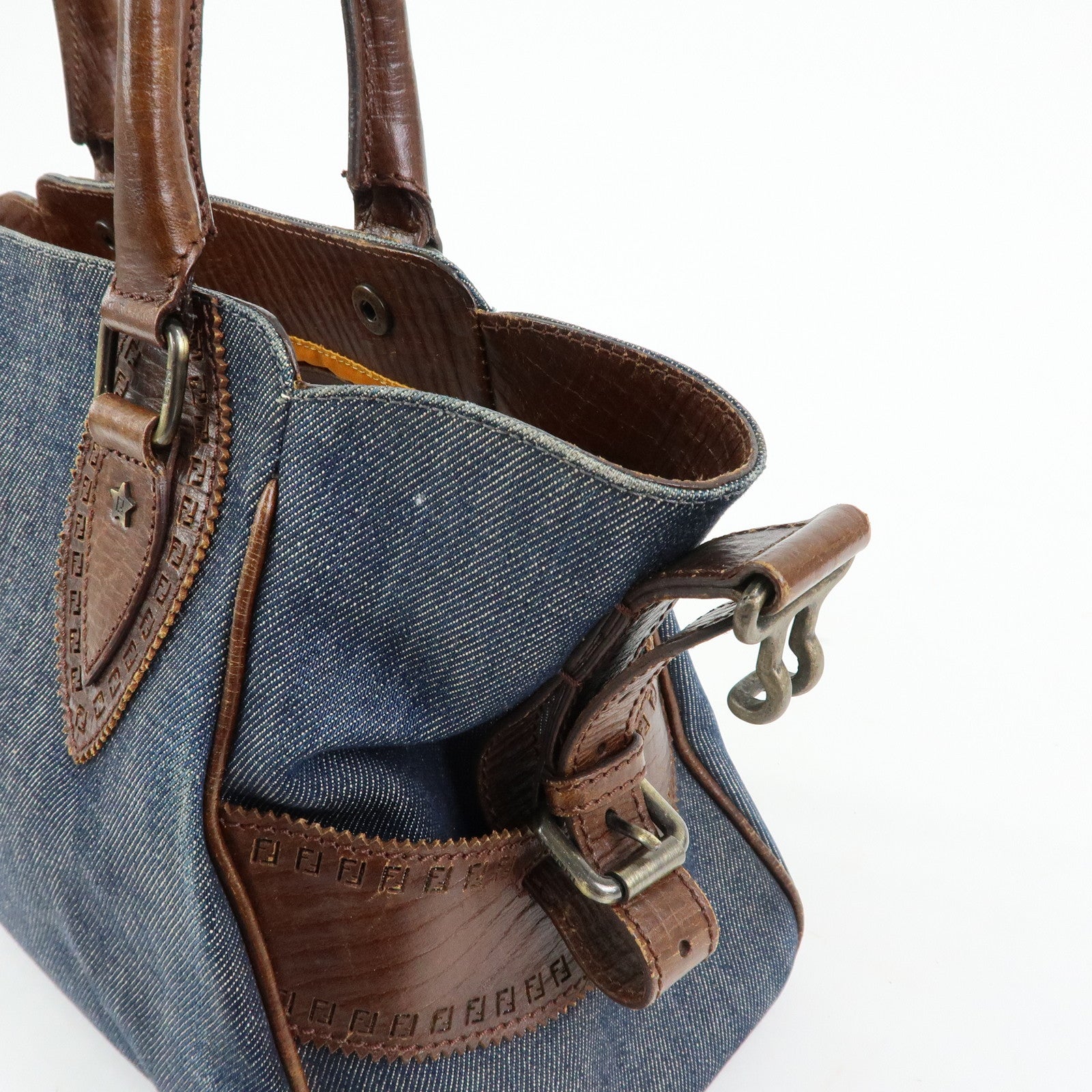 FENDI Etnico Denim Leather Shoulder Bag Indigo Blue Brown 8BN157