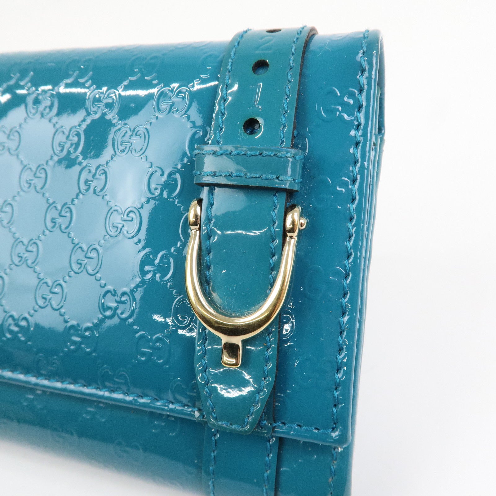 GUCCI  Patent Leather Flap Long Wallet Blue Green 309760
