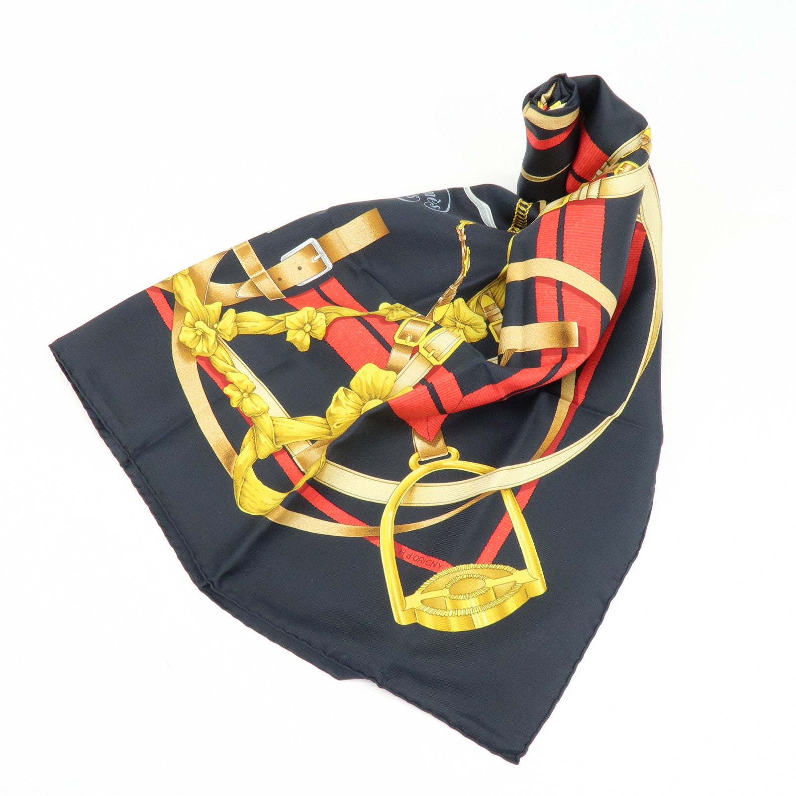 HERMES Carre 90 Silk 100% Scarf Grand Manege Black Gold Red
