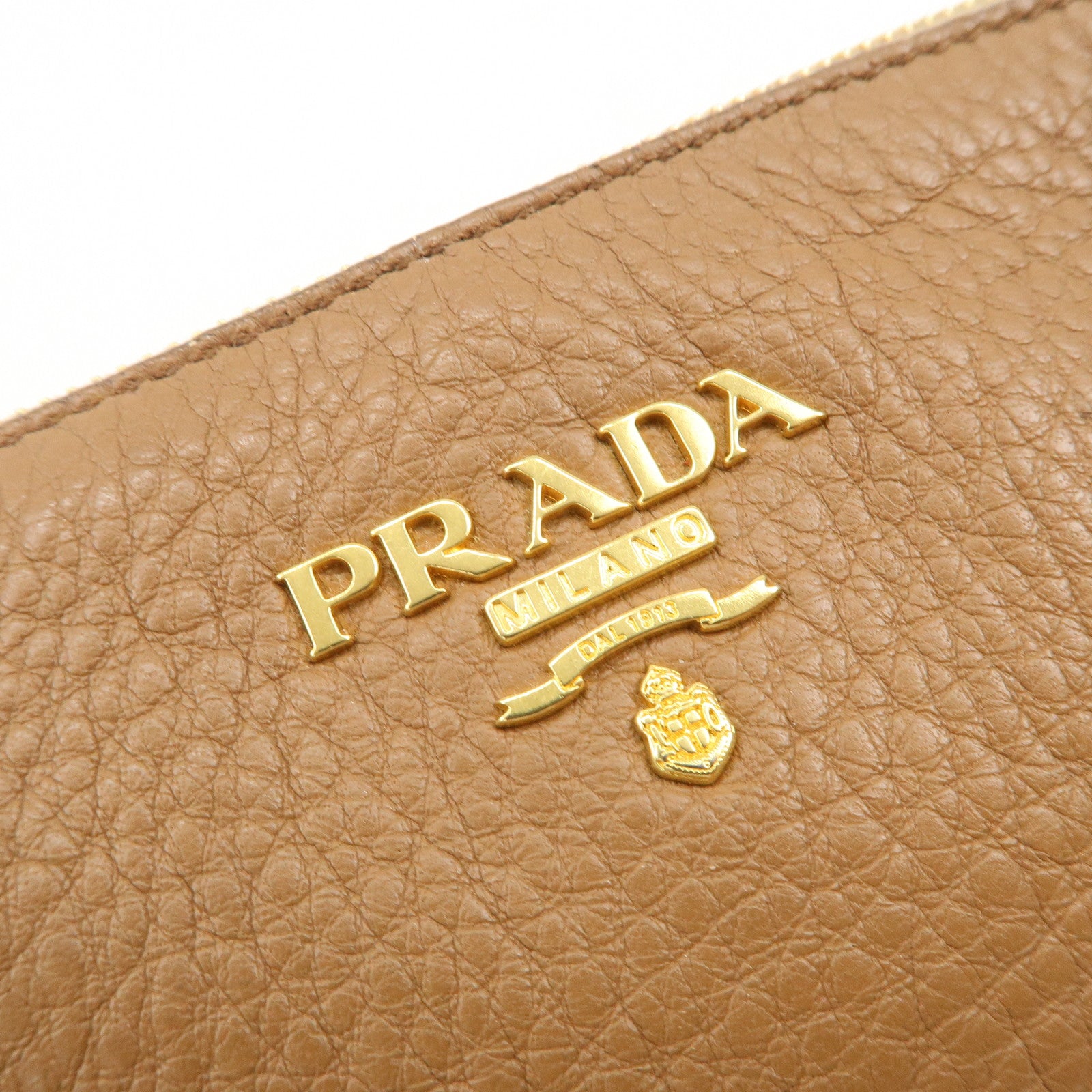 PRADA Logo Leather Pouch Cosmetic Pouch Camel
