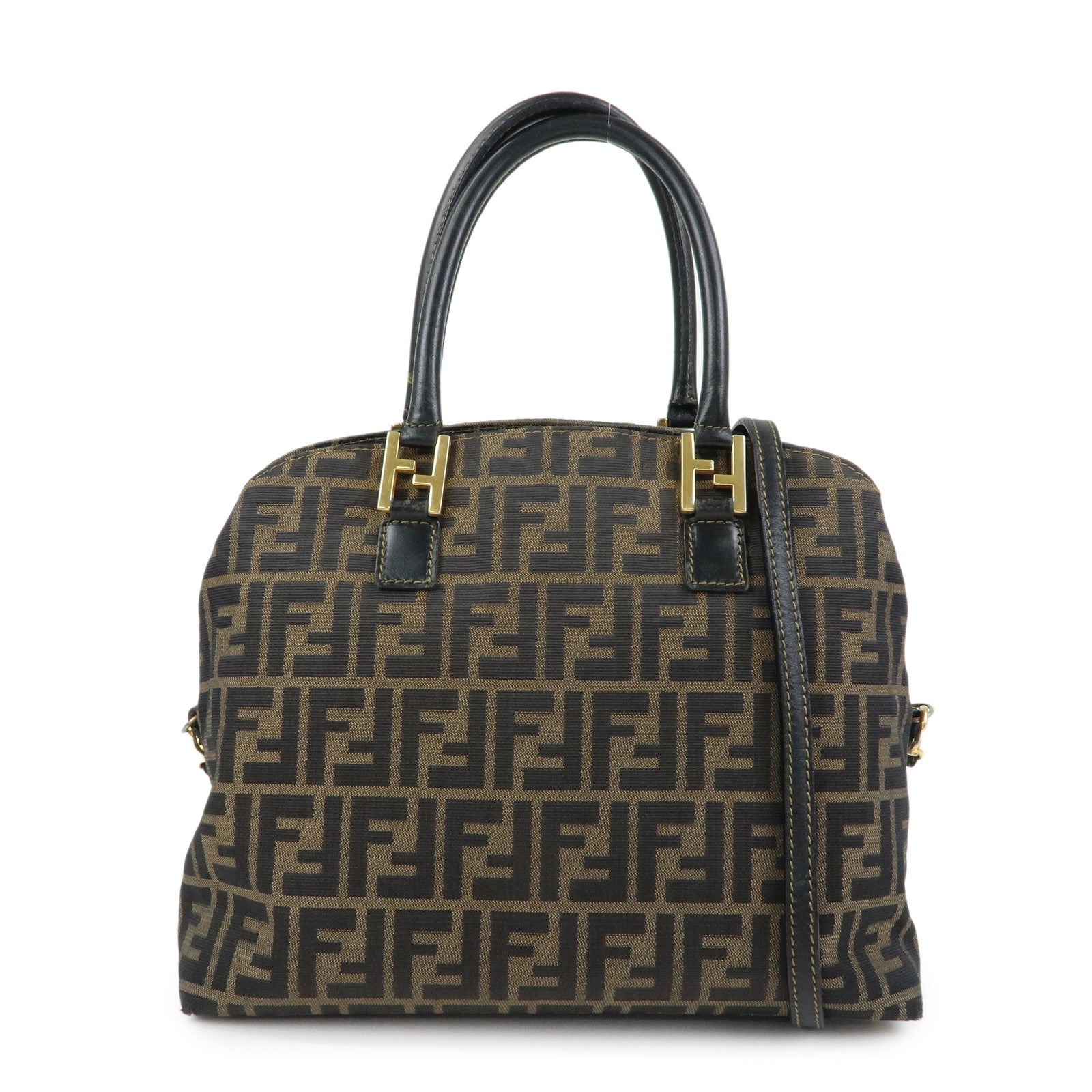 FENDI Zucca Canvas Leather 2Way Bag Hand Bag Shoulder Bag Brown