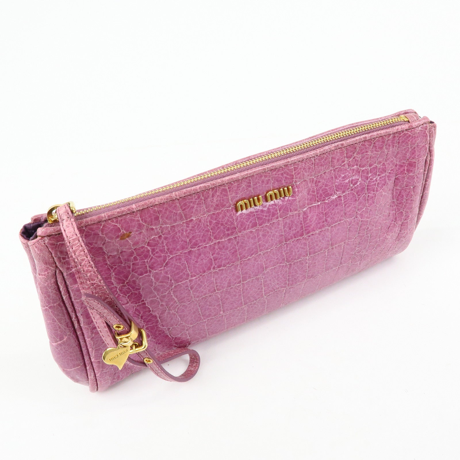 MIU MIU Logo Embossed Leather Clutch Bag Wristlet Bag Purple