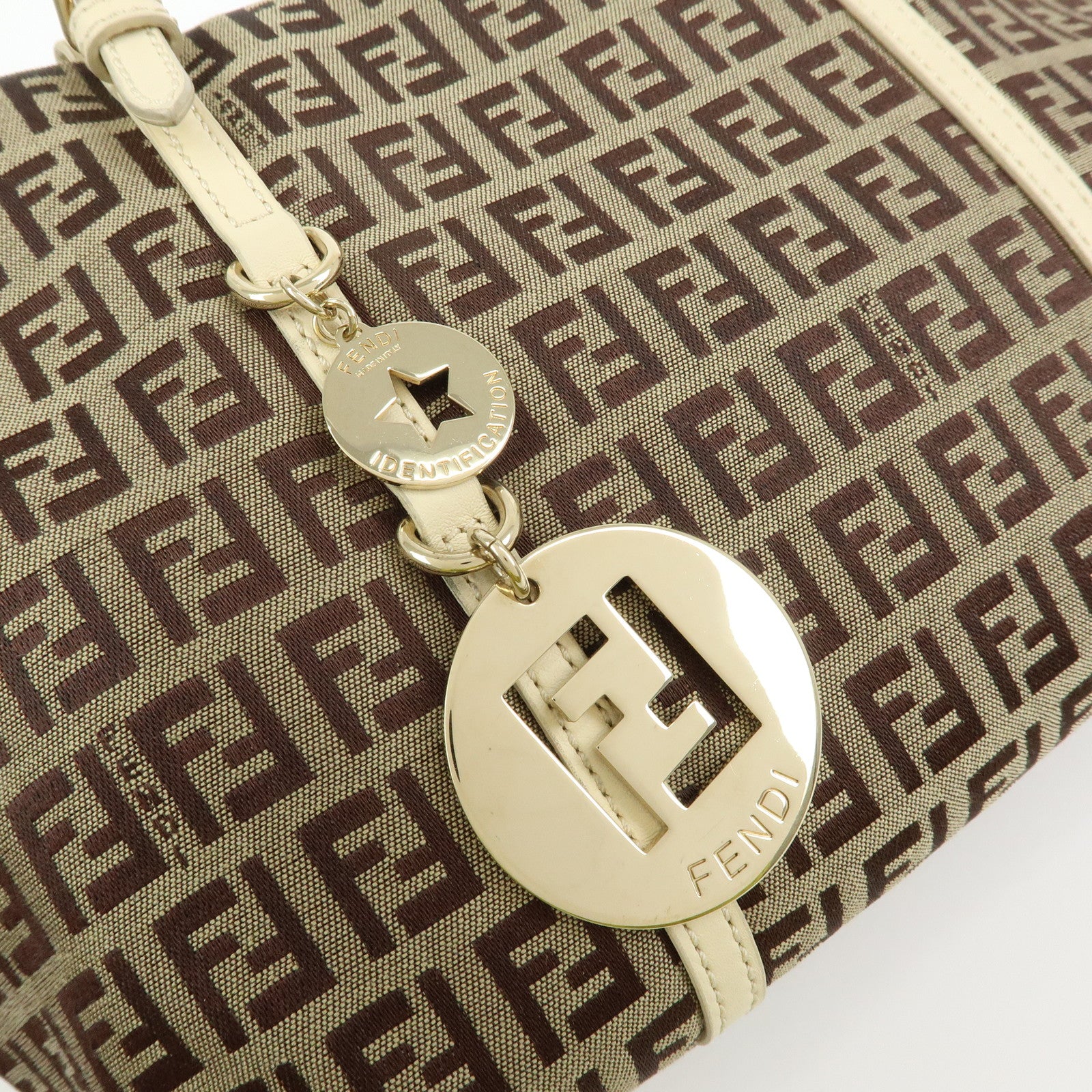 FENDI Zucchino Canvas Leather Tote Bag Hand Bag Brown Ivory 8BH214