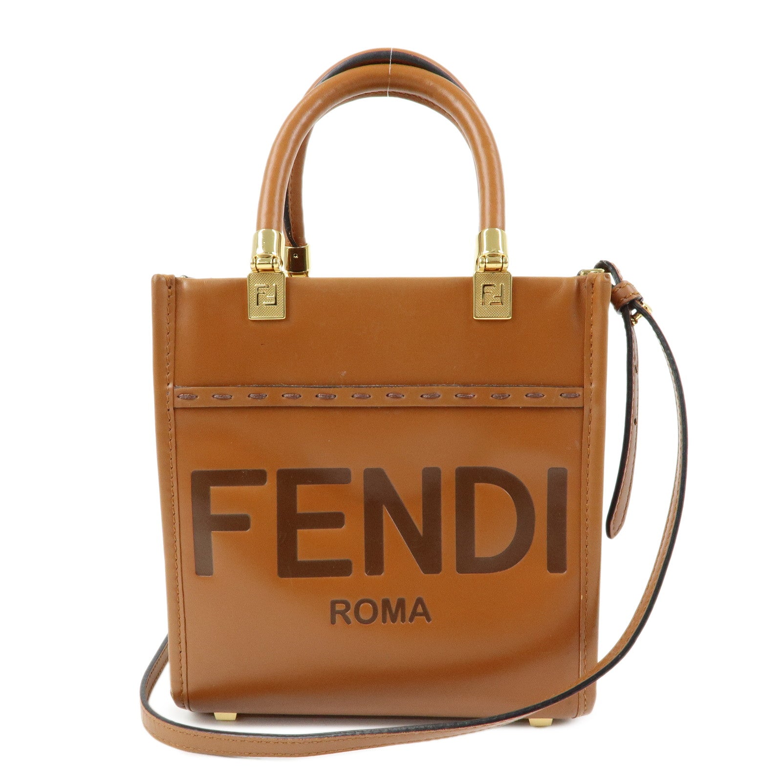 FENDI Leather Sunshine Shopper Small 2Way Hand Bag Brown 8BS092