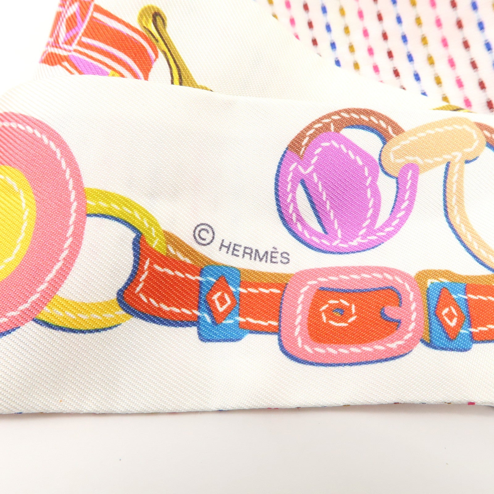 HERMES Twilly Silk 100％ Scarf BRIDES de GALA White Multicolor