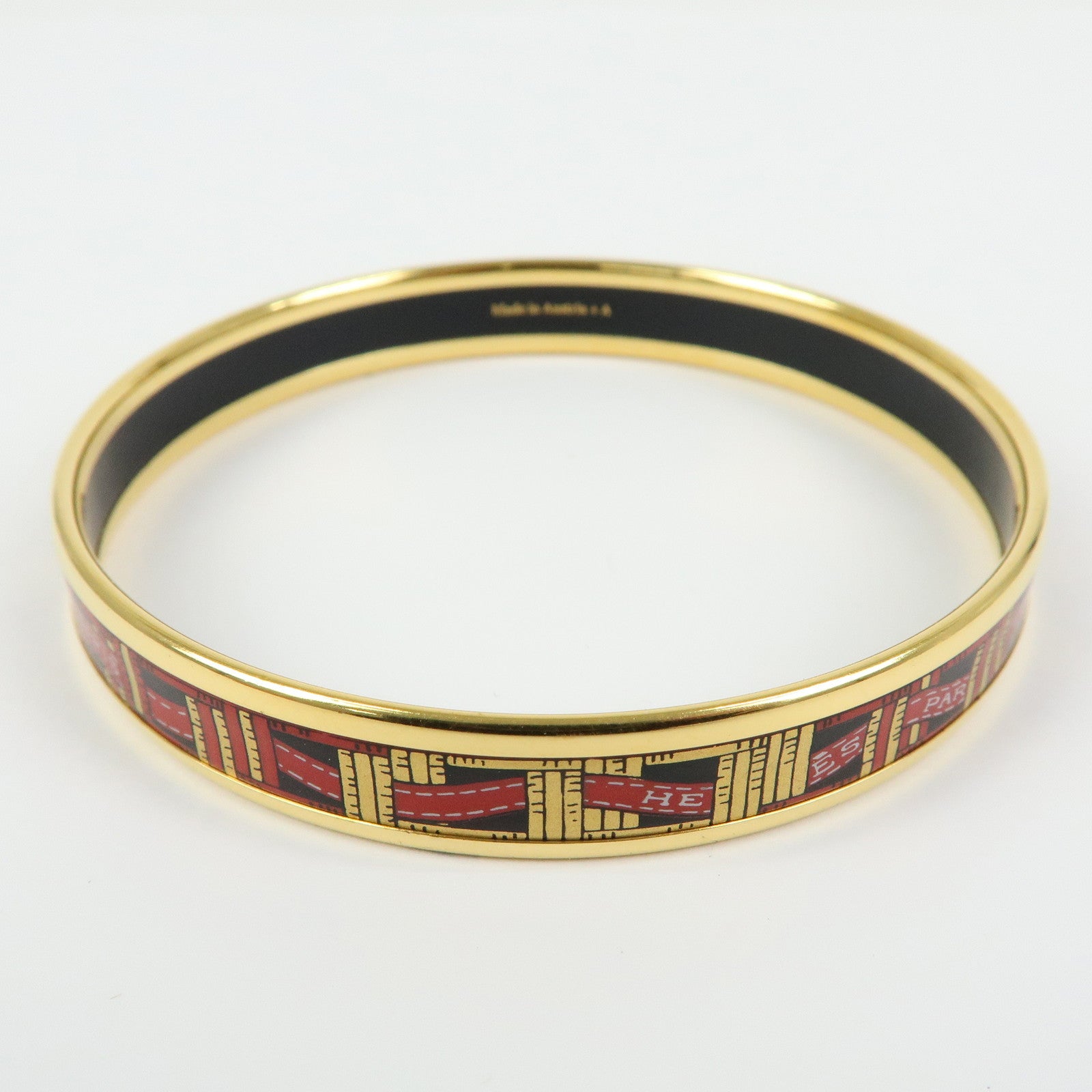 HERMES Email PM Bracelet Bangle Ribbon Motif Metal Gold Red Black