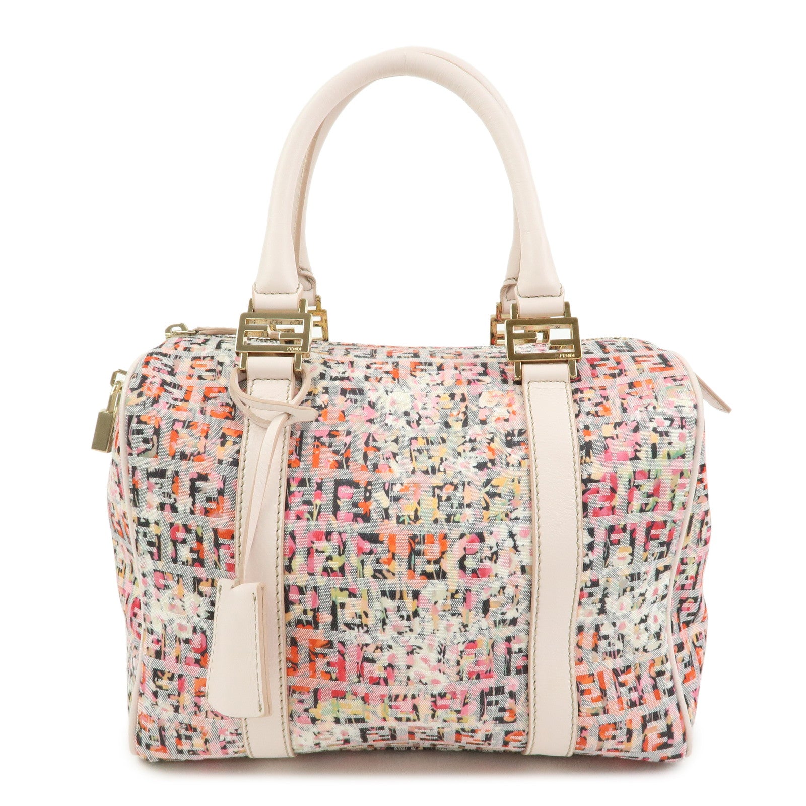 FENDI Zucchino Flower Print Canvas Leather Boston Bag Pink 8BL068