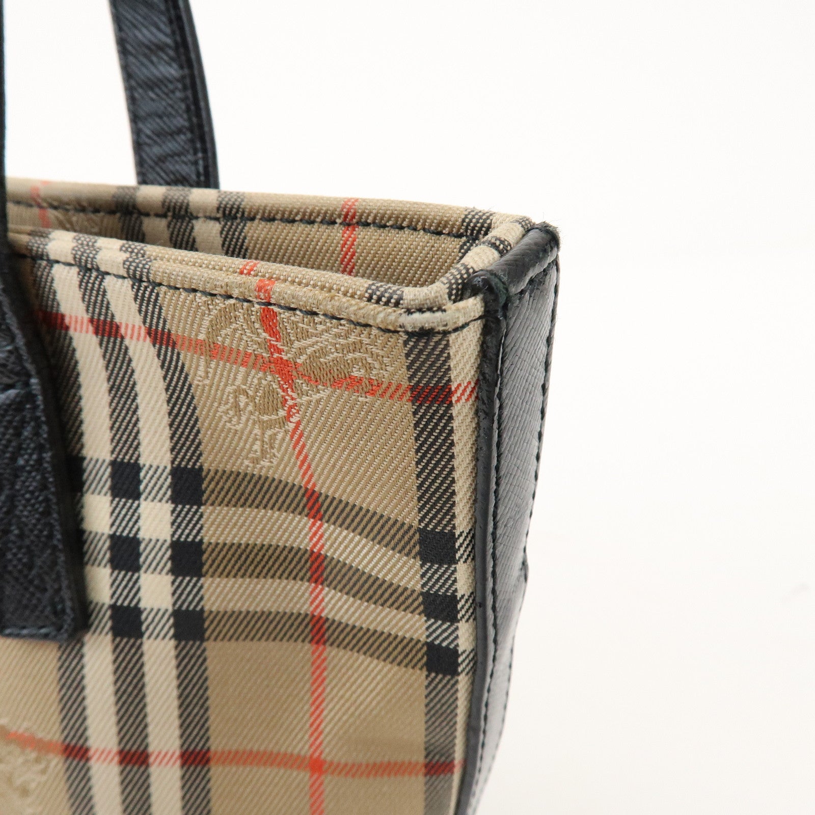 BURBERRY Nova Plaid Canvas Leather Small Hand Bag Black Beige