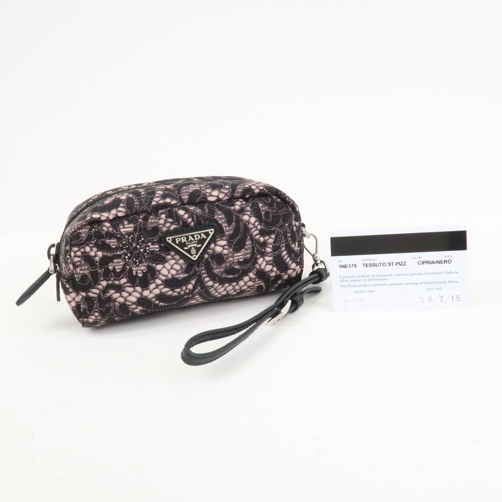 PRADA Triangle Logo Lace Nylon Leather Cosmetic Pouch Black 1NE175