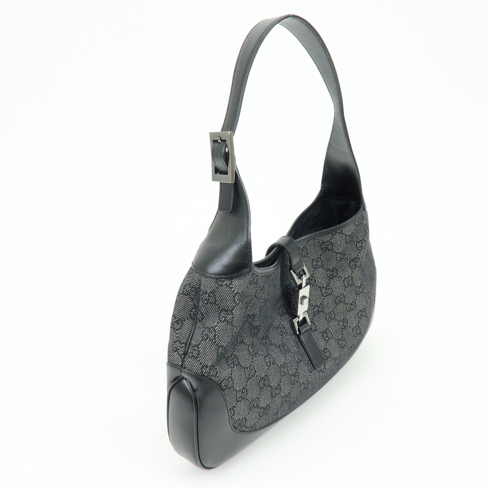 GUCCI Jackie GG Denim Leather Shoulder Bag Hand Bag Black 00963