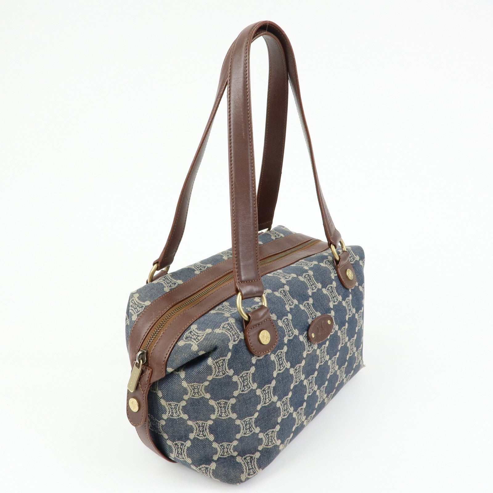 CELINE Macadam Denim Leather Shoulder Bag Hand Bag Blue Brown