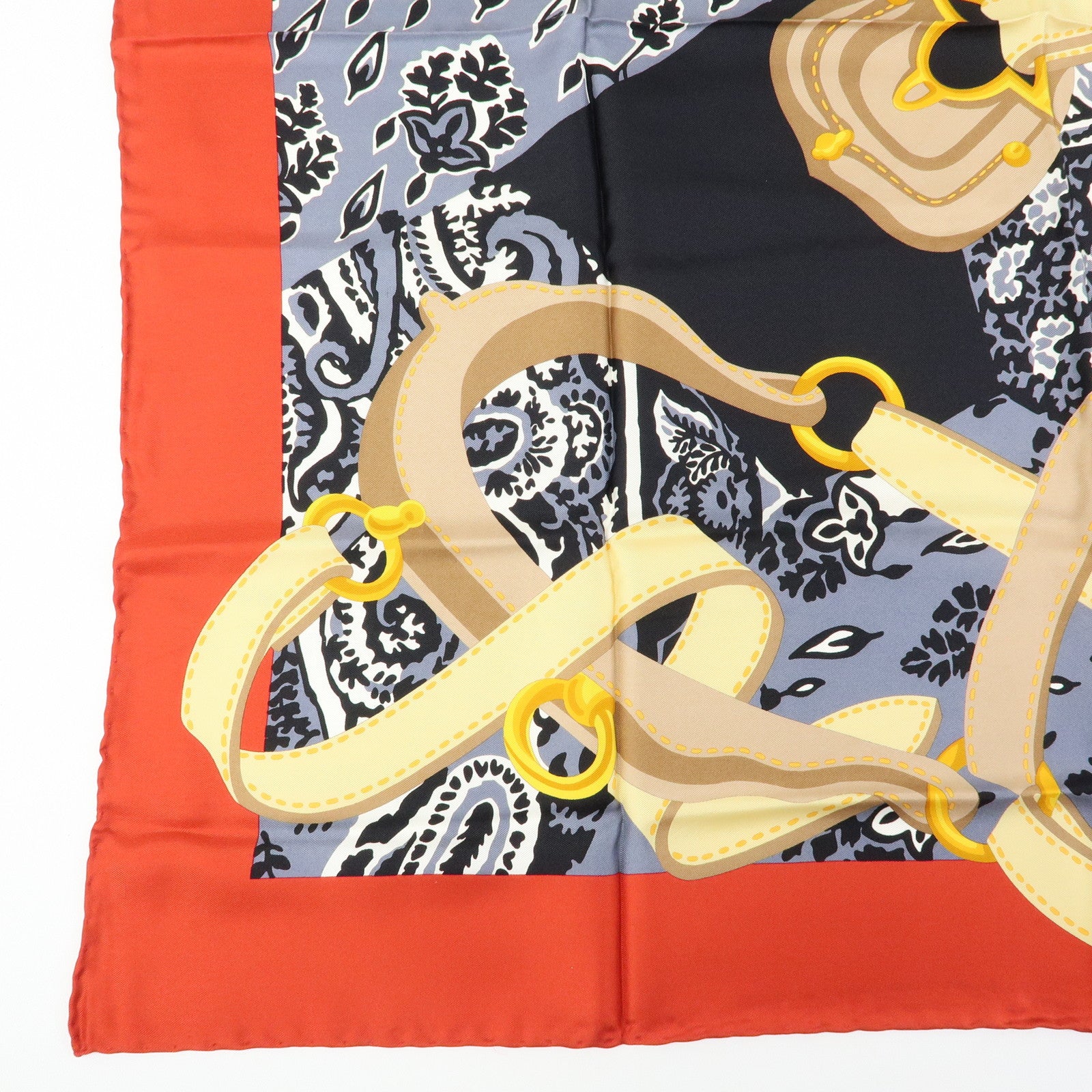 CELINE Silk 100% Scarf Flower Belt Motif Black Red Gold