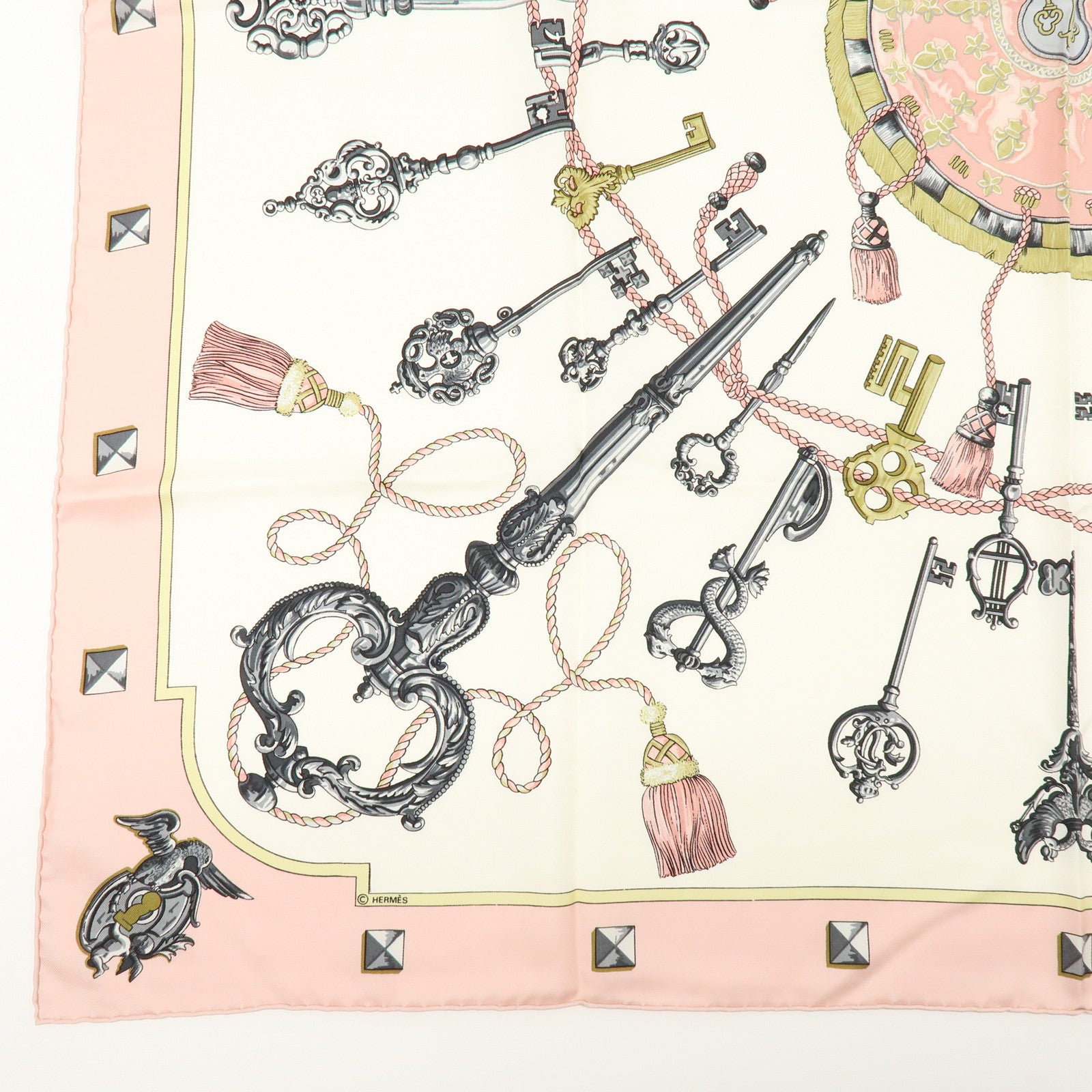 HERMES Carre 90 Silk 100% Scarf LES CLES THE KEYS RARE Ivory Pink