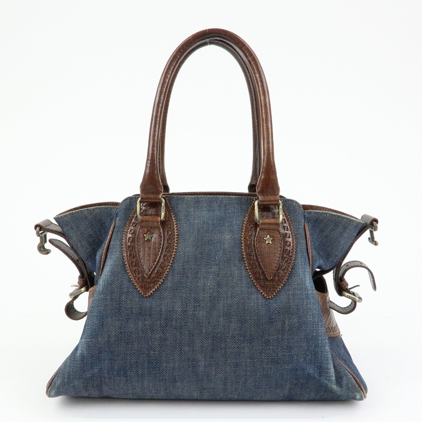 FENDI Etnico Denim Leather Shoulder Bag Indigo Blue Brown 8BN157