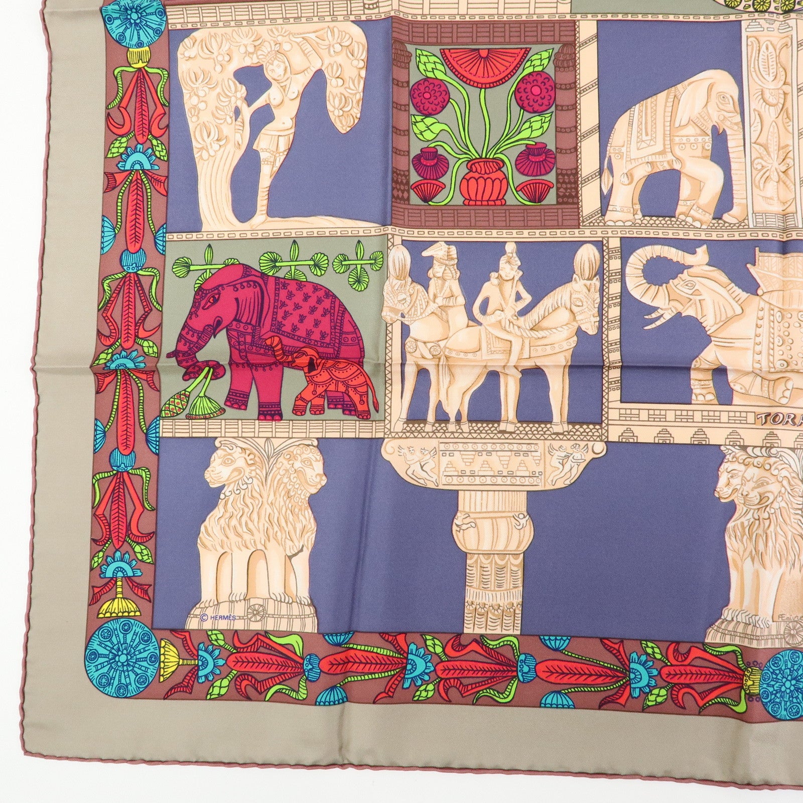 HERMES Carre 90 Silk 100% Scarf TORANA Red Purple Green