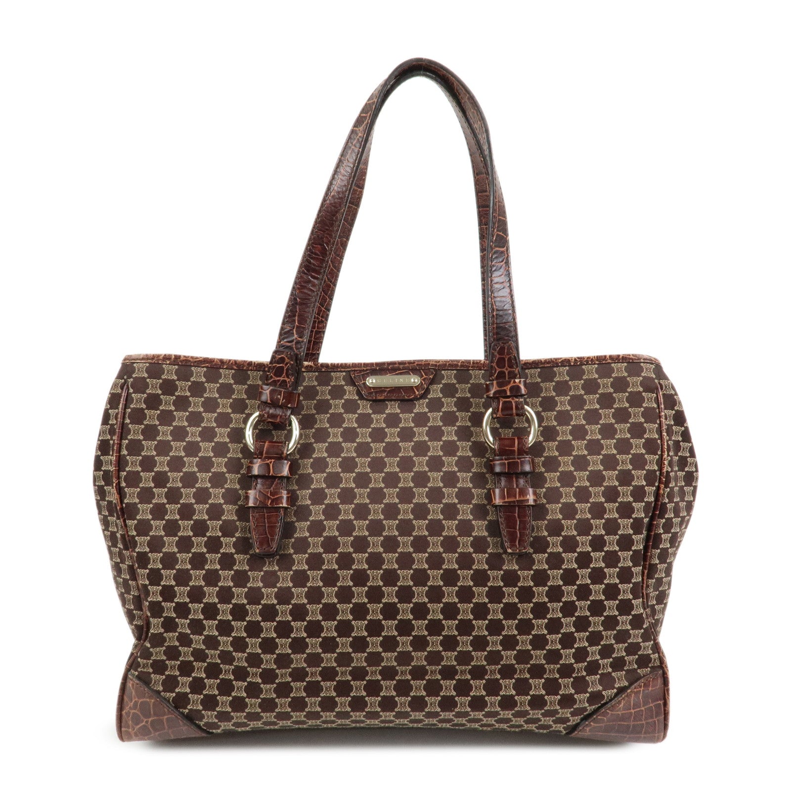 CELINE Macadam Canvas Embossed Leather Tote Bag Shoulder Bag Brown