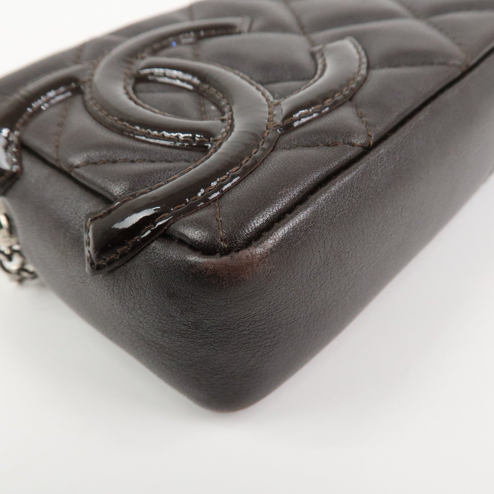 CHANEL Cambon Line COCO Mark Lambskin Cosmetic Pouch Brown