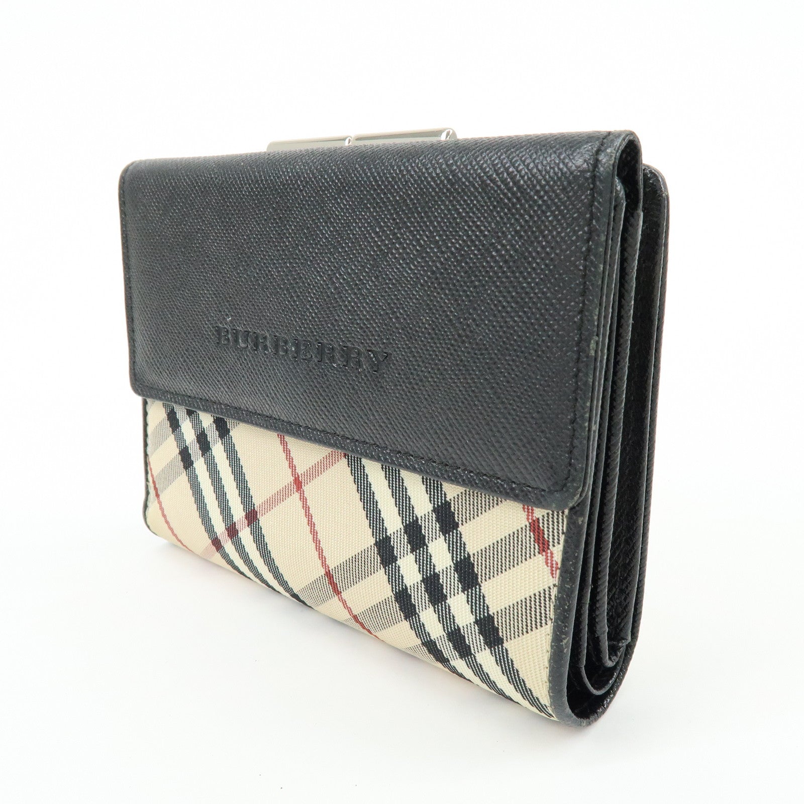 BURBERRY Nova Plaid Canvas Leather Compact Wallet Black Beige