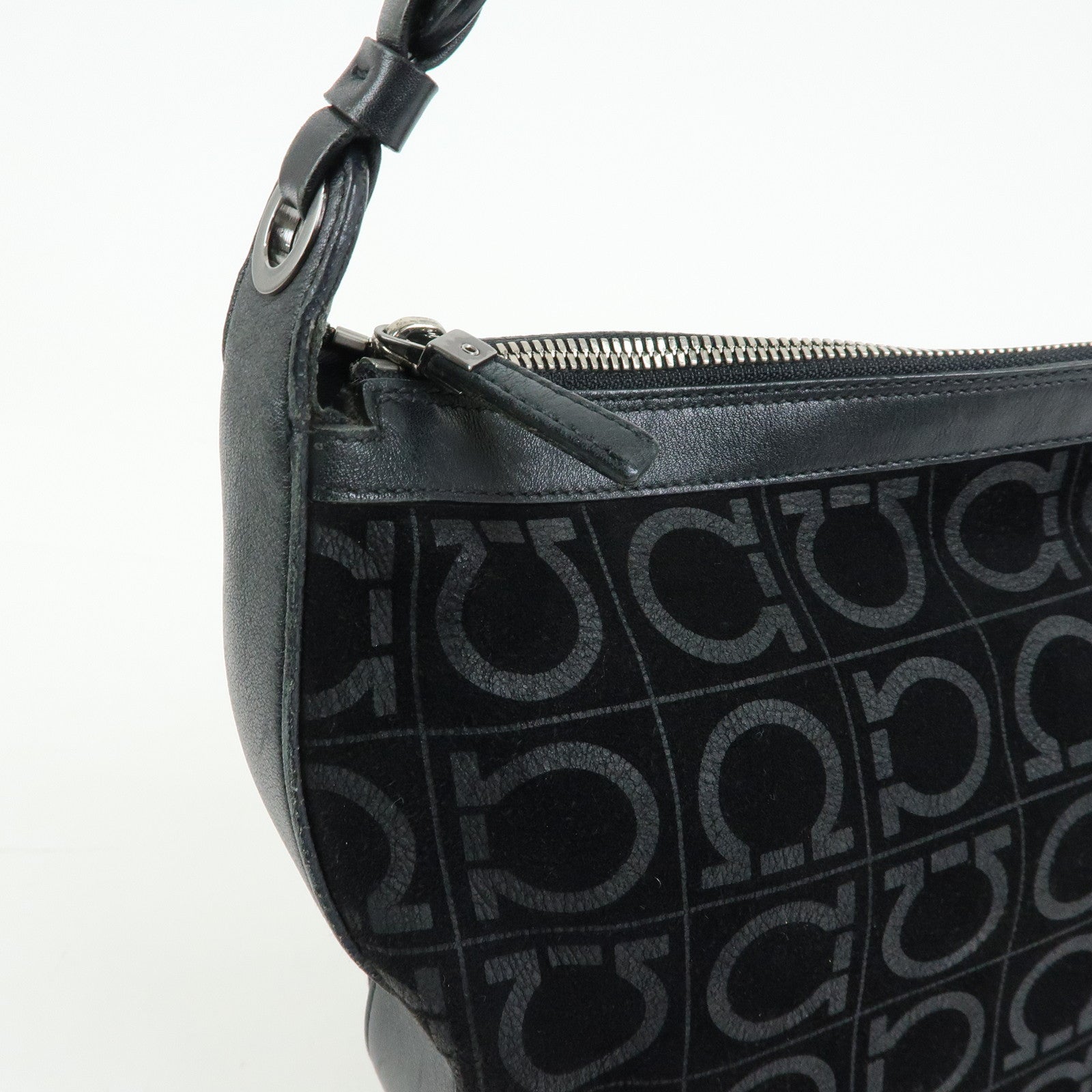 Ferragamo Gancini Suede Leather Shoulder Bag Tote Bag Black