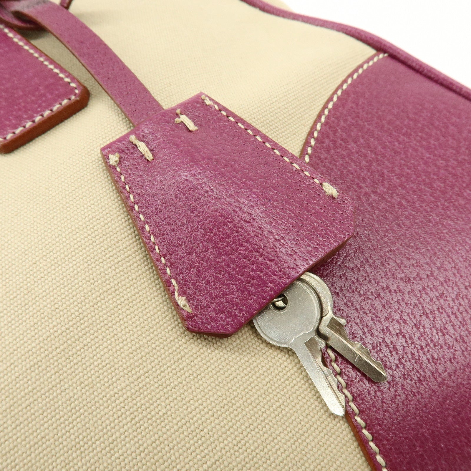 PRADA Triangle Logo Canvas Leather Bowling Bag Natural Purple