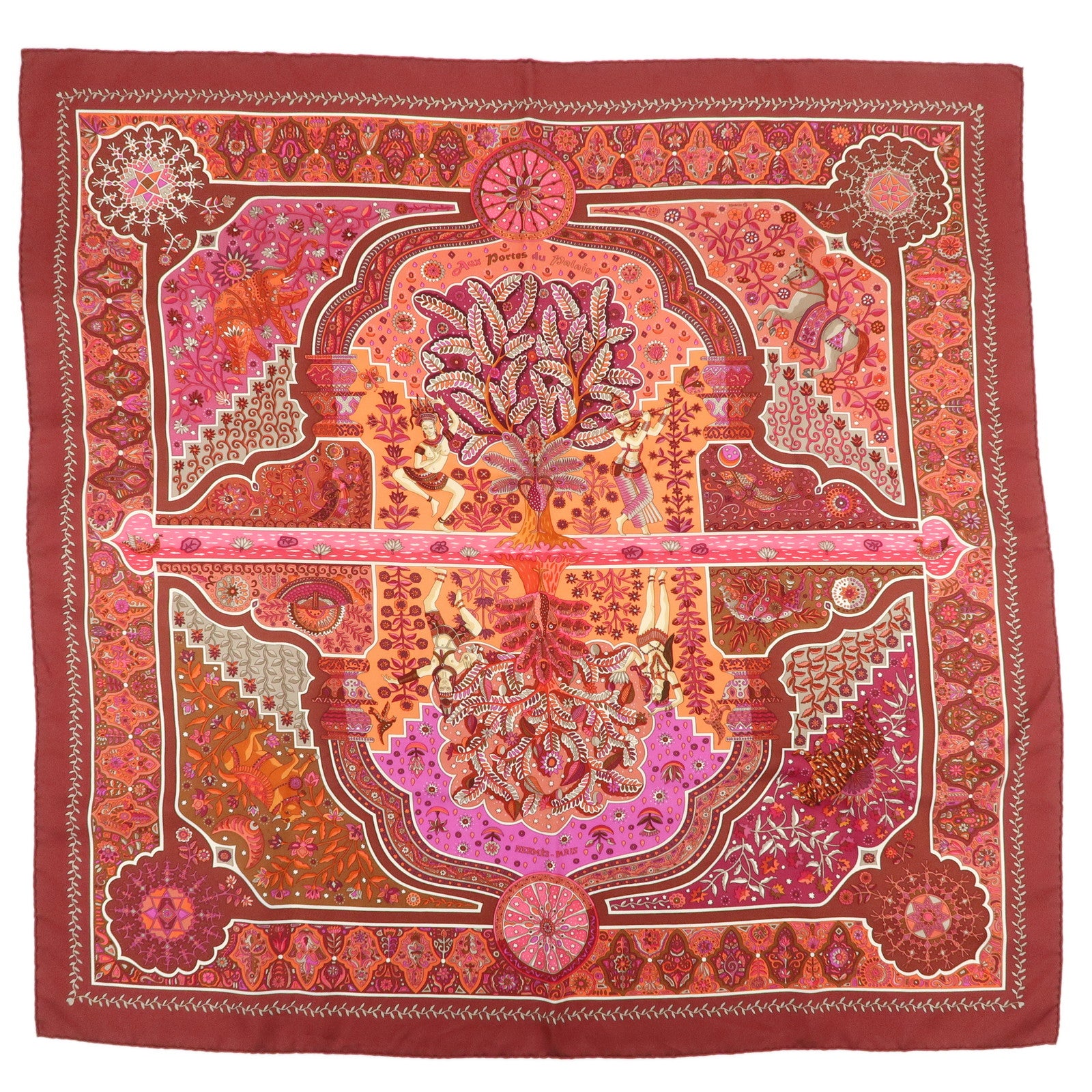 HERMES Carre 90 Silk 100% Aux Portes du Palais Scarf Red