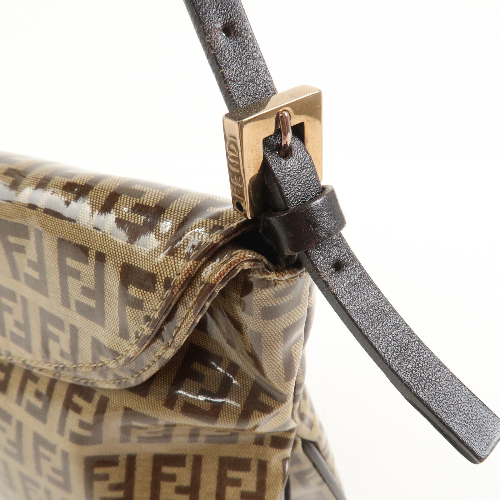 FENDI Zucchino PVC Canvas Leather Shoulder Bag Brown 8BR002