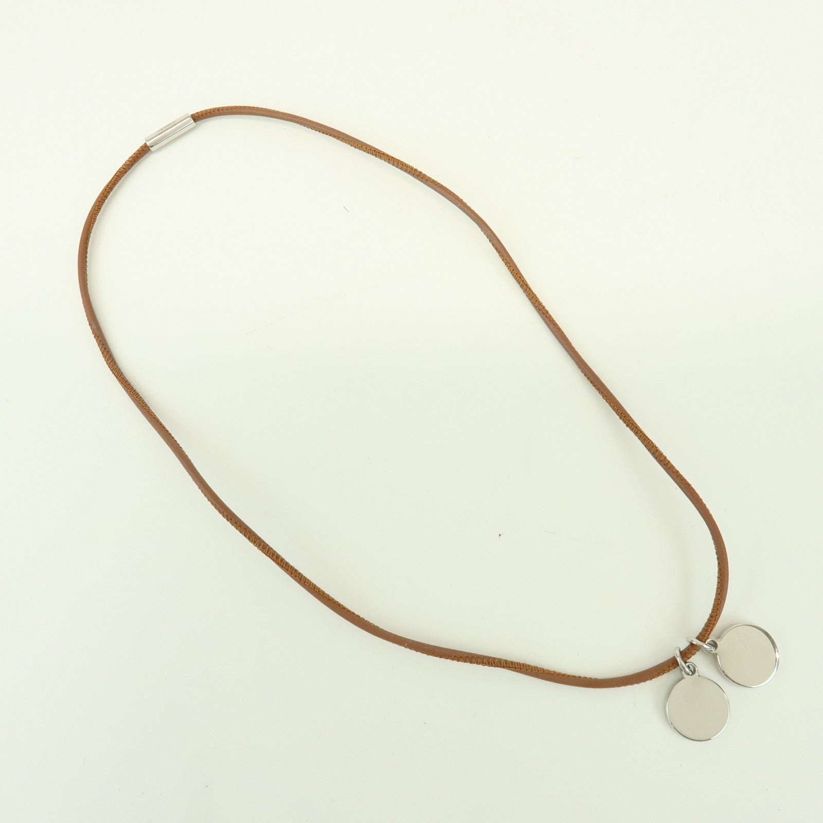 HERMES Logo Leather Metal Necklace Brown Pink Light Blue
