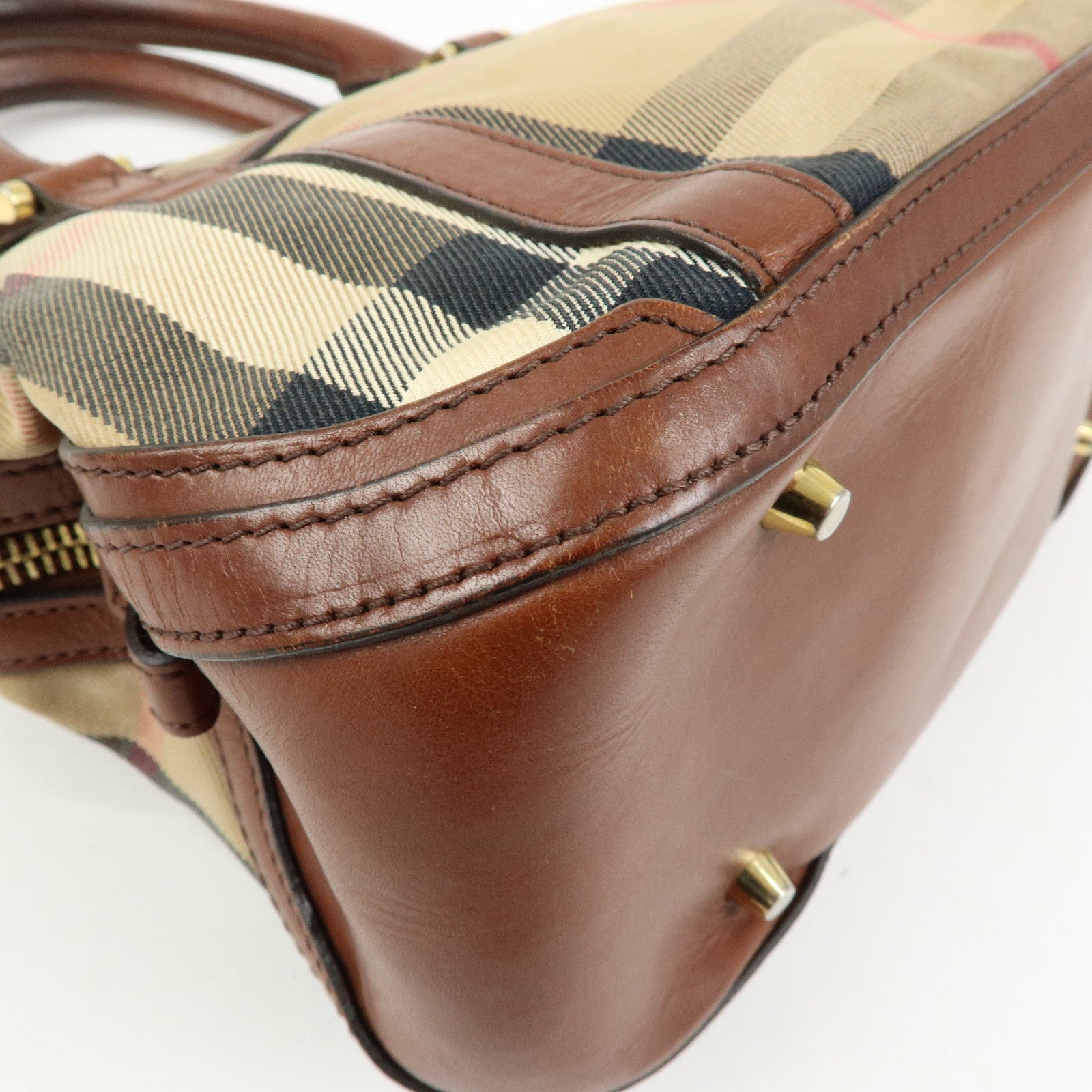 BURBERRY Nova Plaid Canvas Leather Hand Bag Beige Brown