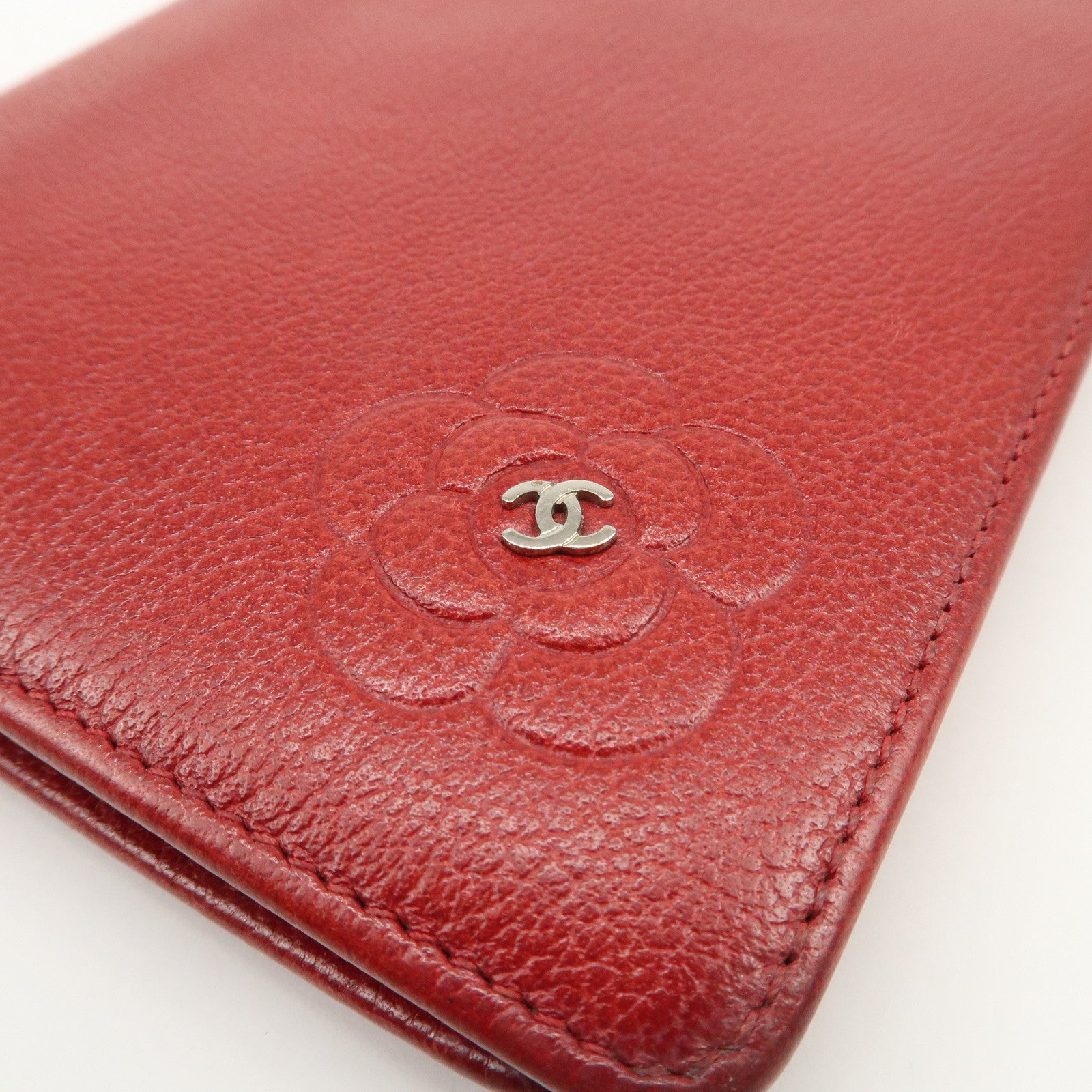 CHANEL COCO Mark Camellia Logo Leather Flap Long Wallet Red