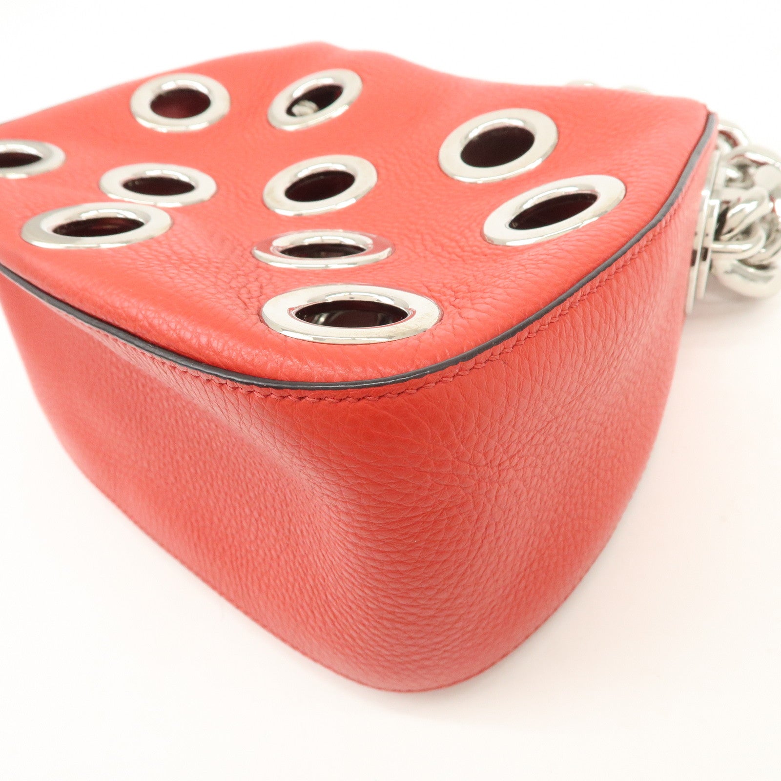 PRADA Logo Grommet Leather Chain Shoulder Bag Red Silver 1BA027
