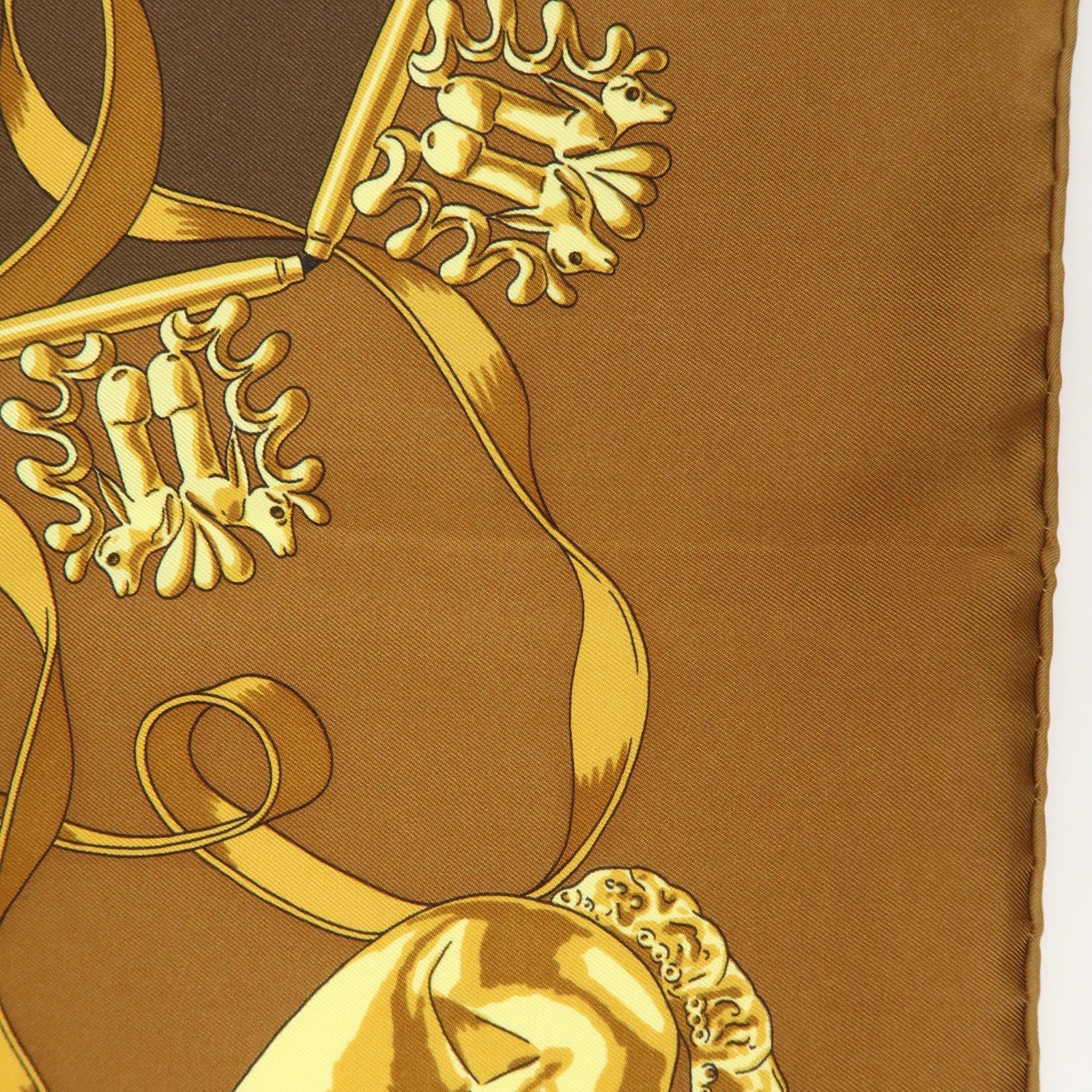 HERMES Carre 90 Silk 100% Scarf LES CAVALIERS D'OR Brown Gold