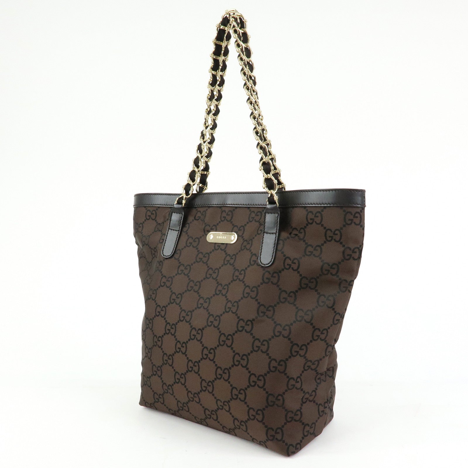 GUCCI GG Nylon Leather Chain Tote Bag Shoulder Bag Brown 196750