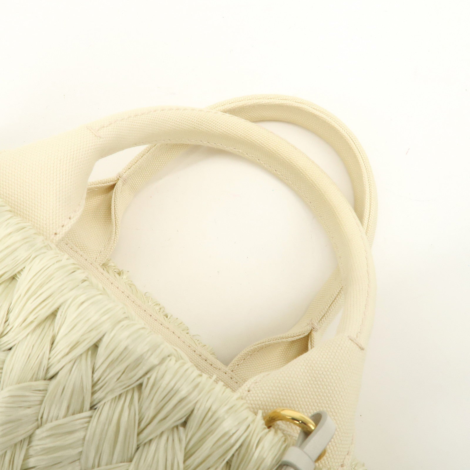 PRADA Logo Raffia Canvas Straw Hand Bag White Gold Charm1BG089